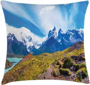 Ambesonne Landscape Throw Pillow Cushion Cover, Lake Pehoe Torres del Paine National Park Patagonia Chile, Decorative Square Accent Pillow Case, 26" X 26", Dark Khaki Azure Blue