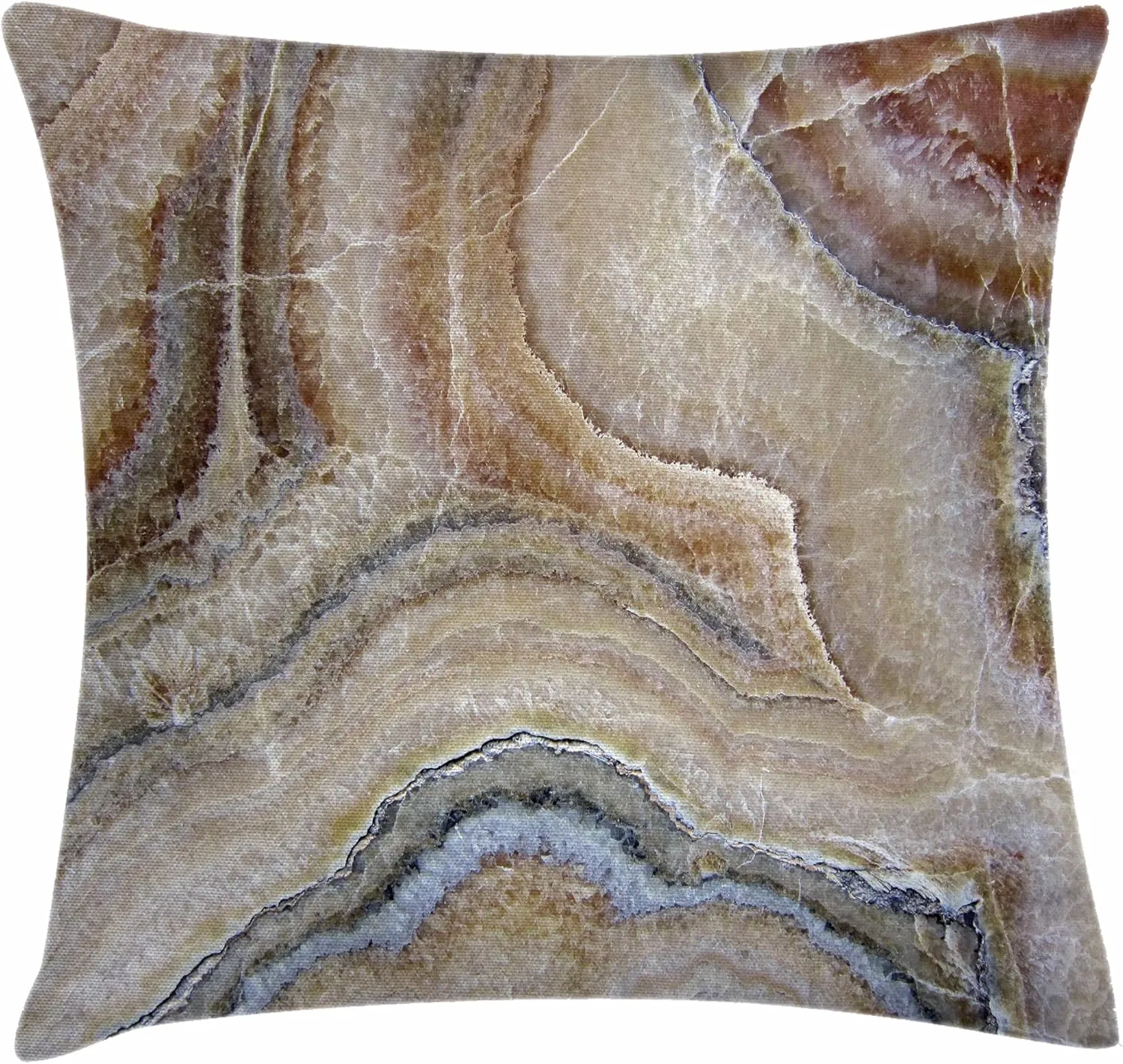 Ambesonne Marble Print Pillow Cushion Cover Pack of 4, Surreal Onyx Stone Surface Pattern Pale Blue Details Picture, Decorative Square Accent Pillow Case, 4 Pcs-16" x 16", Cinnamon Beige Tan