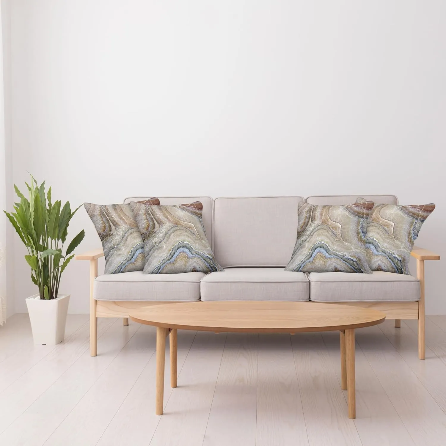 Ambesonne Marble Print Pillow Cushion Cover Pack of 4, Surreal Onyx Stone Surface Pattern Pale Blue Details Picture, Decorative Square Accent Pillow Case, 4 Pcs-16" x 16", Cinnamon Beige Tan