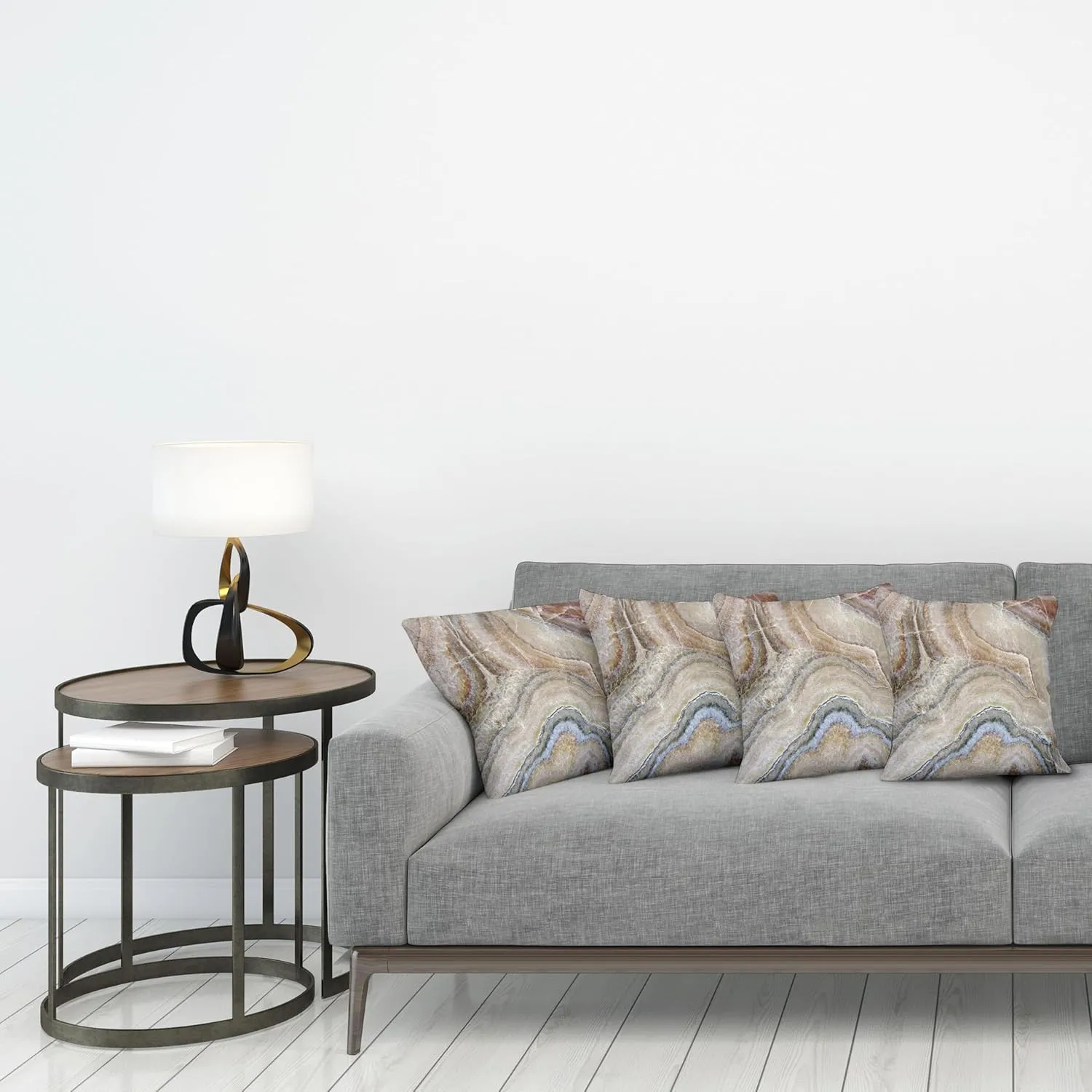 Ambesonne Marble Print Pillow Cushion Cover Pack of 4, Surreal Onyx Stone Surface Pattern Pale Blue Details Picture, Decorative Square Accent Pillow Case, 4 Pcs-16" x 16", Cinnamon Beige Tan