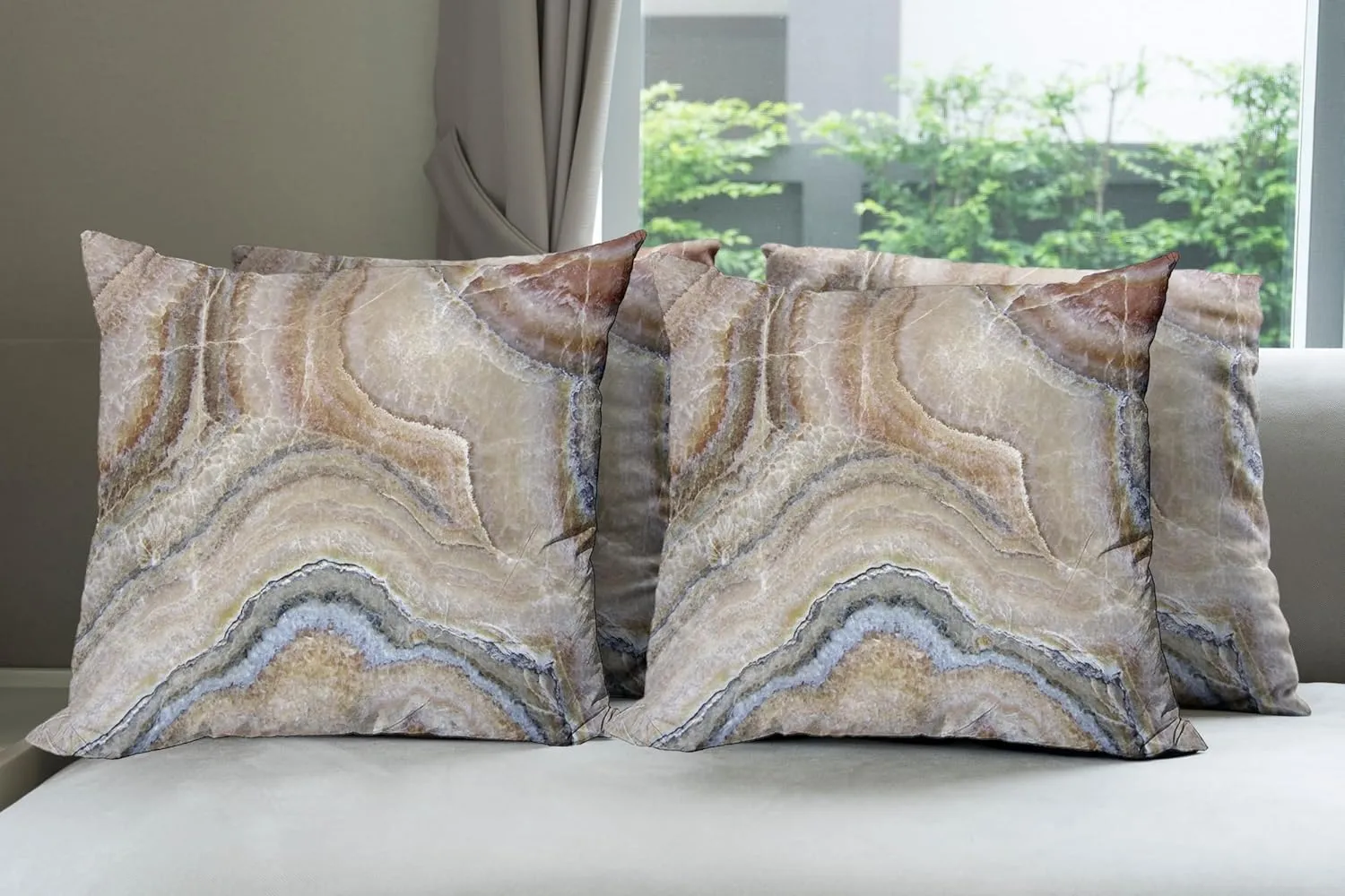 Ambesonne Marble Print Pillow Cushion Cover Pack of 4, Surreal Onyx Stone Surface Pattern Pale Blue Details Picture, Decorative Square Accent Pillow Case, 4 Pcs-16" x 16", Cinnamon Beige Tan