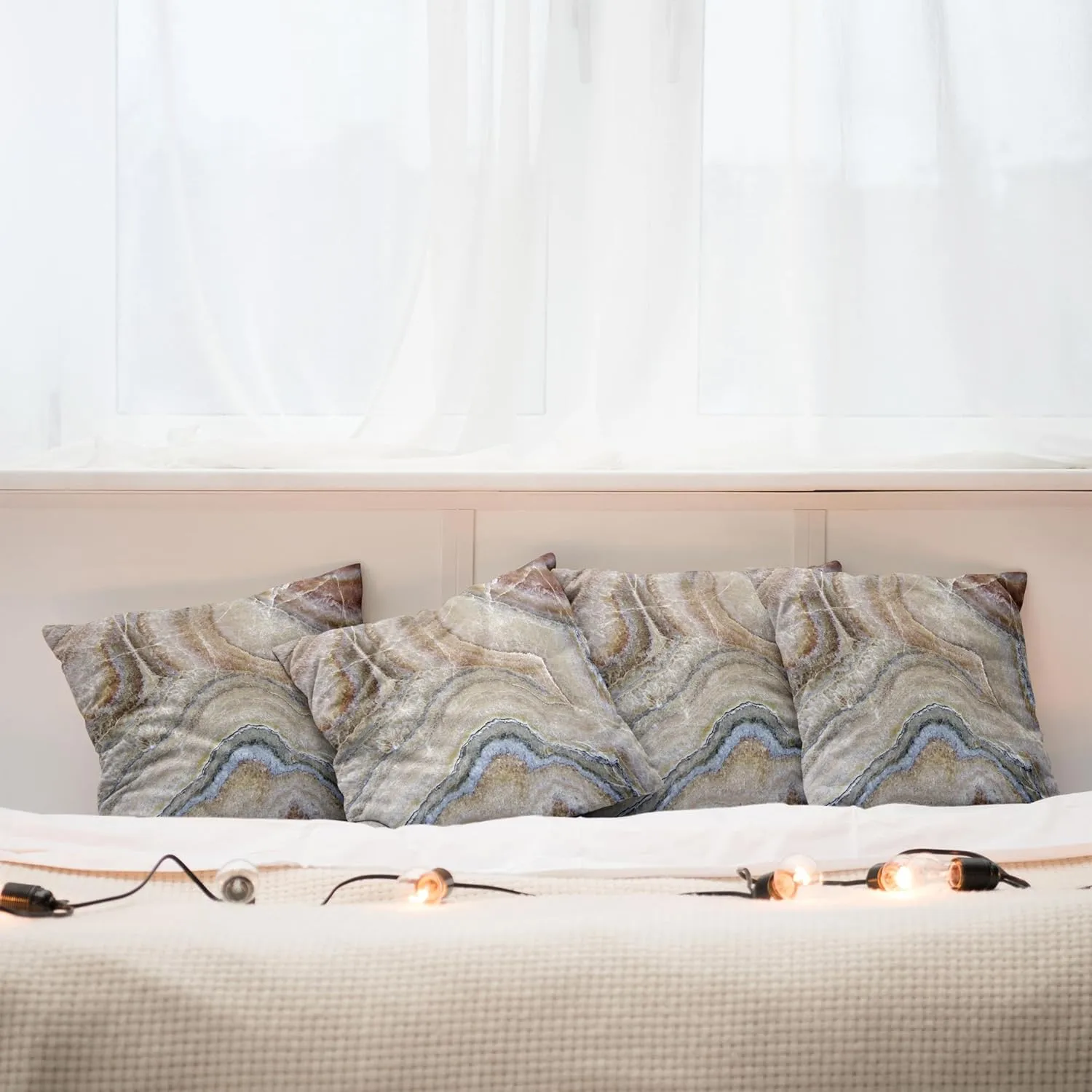Ambesonne Marble Print Pillow Cushion Cover Pack of 4, Surreal Onyx Stone Surface Pattern Pale Blue Details Picture, Decorative Square Accent Pillow Case, 4 Pcs-16" x 16", Cinnamon Beige Tan