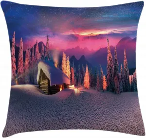 Ambesonne Milky Way Throw Pillow Cushion Cover, Wild Alpine Scene with Cabin in The Woods Winter with Starry Skyline Illustration, Decorative Square Accent Pillow Case, 40" X 40", Multicolor