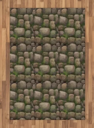 Ambesonne Nature Area Rug, Stones Covered with Moss Rock Formation Forest Peaceful Meditation Theme, Flat Woven Accent Rug for Living Room Bedroom Dining Room, 4' X 5' 7", Dark Taupe Fern Green