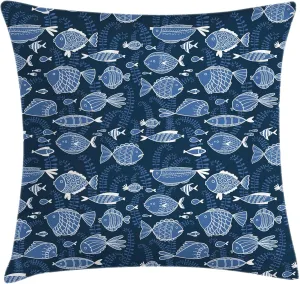 Ambesonne Ocean Pillow Cushion Cover Pack of 2, Sealife Marine Navy Image Tropic Fish Moss Leaves Art Print, Decorative Square Accent Pillow Case, 2 Pcs-16" x 16", Blue Indigo Royal Blue