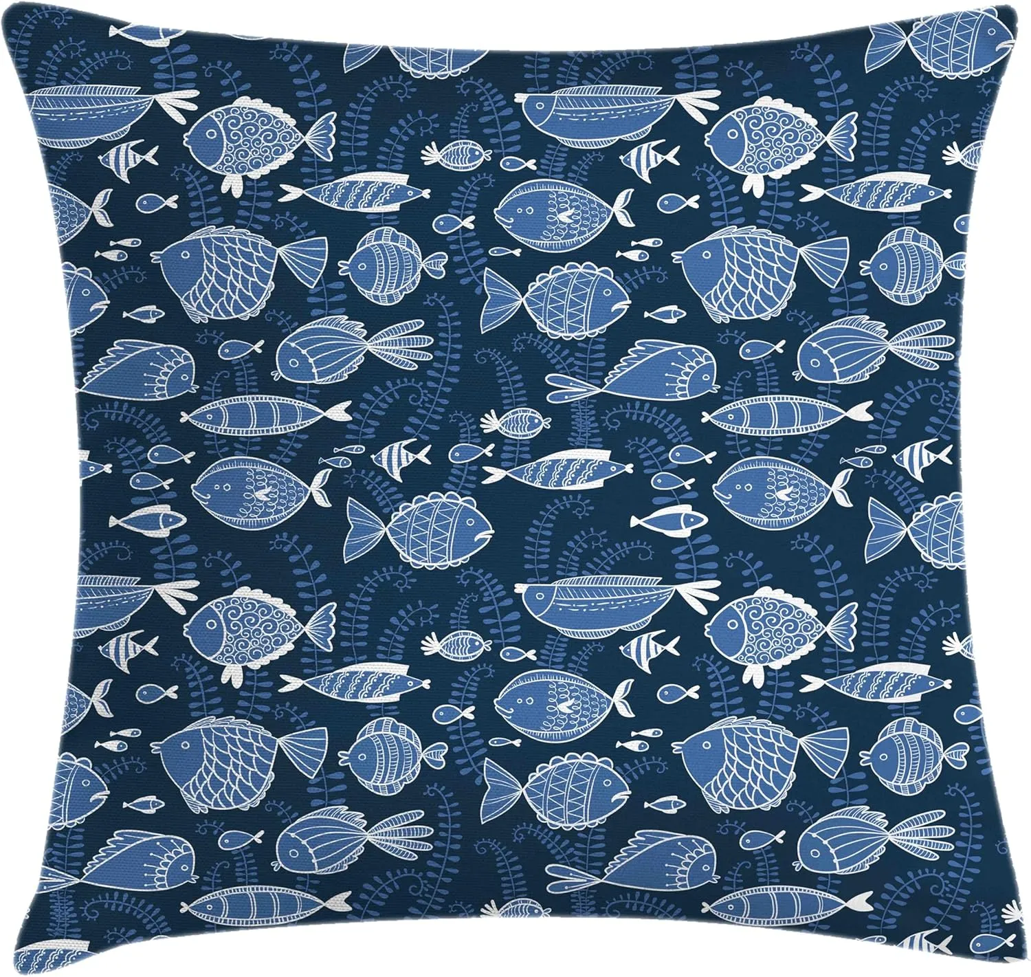 Ambesonne Ocean Pillow Cushion Cover Pack of 2, Sealife Marine Navy Image Tropic Fish Moss Leaves Art Print, Decorative Square Accent Pillow Case, 2 Pcs-16" x 16", Blue Indigo Royal Blue