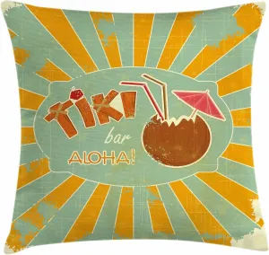 Ambesonne Tiki Bar Pillow Cushion Cover Pack of 2, Vintage Design Exotic Cocktail Aged Look Aloha Fun Party Print, Decorative Square Accent Pillow Case, 2 Pcs-16" x 16", Almond Green Orange