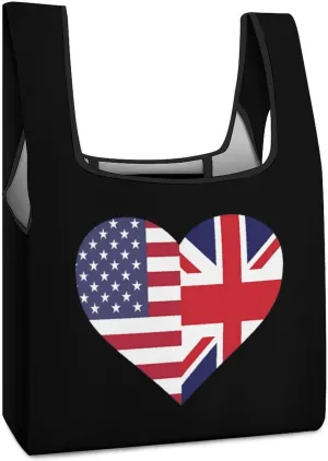 Ameican England Flag Heart Novelty Reusable Grocery Bag Fold-able Shopping Bags Washable Tote Lightweight Storage Pouch with Handle