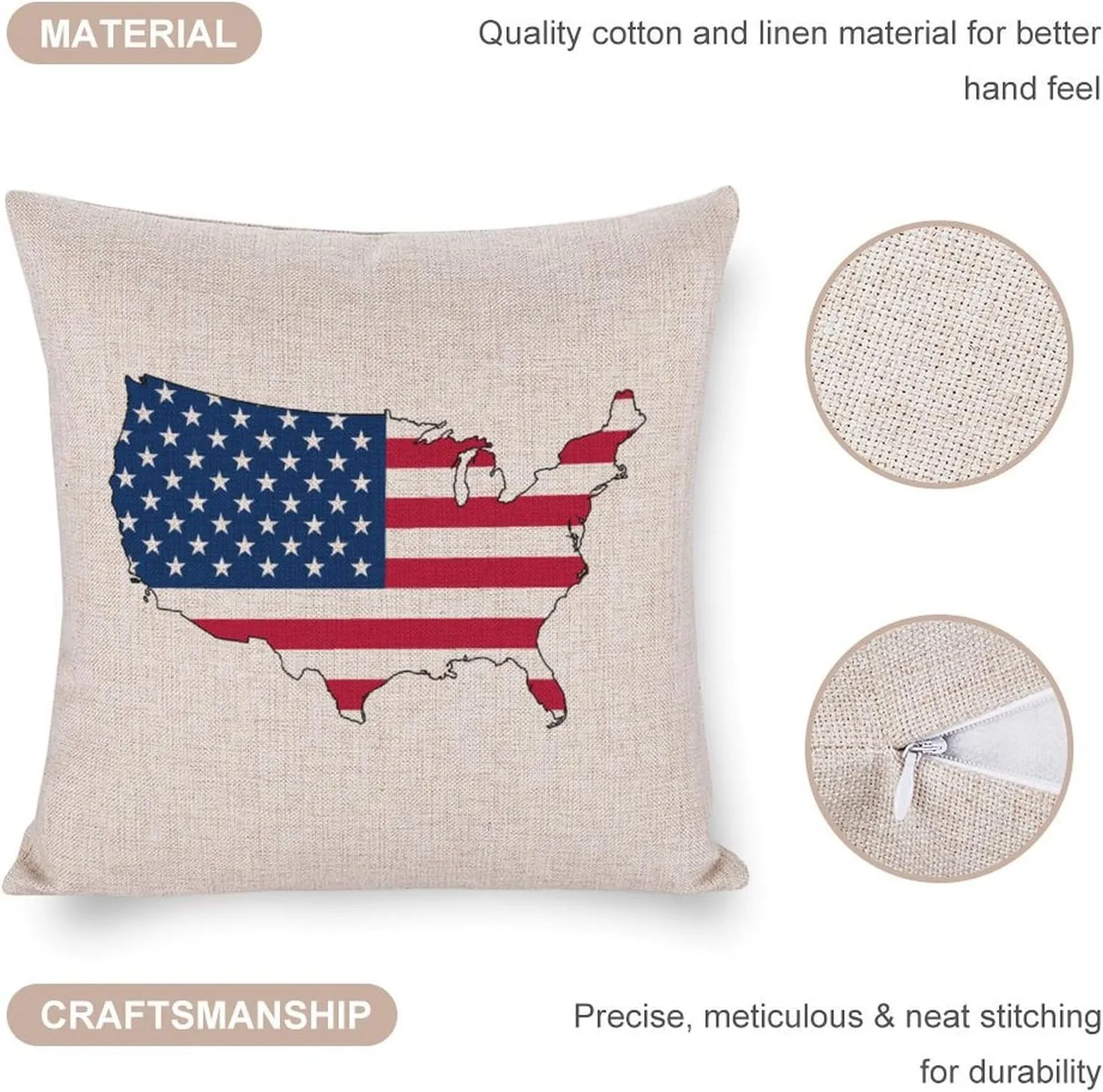 America Flag Map Cotton and Linen Pillow Case Pattern Print Pillow Cover Zippered Cushion Covers for Sofa Bed 16"x16"