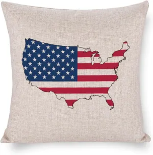 America Flag Map Cotton and Linen Pillow Case Pattern Print Pillow Cover Zippered Cushion Covers for Sofa Bed 16"x16"