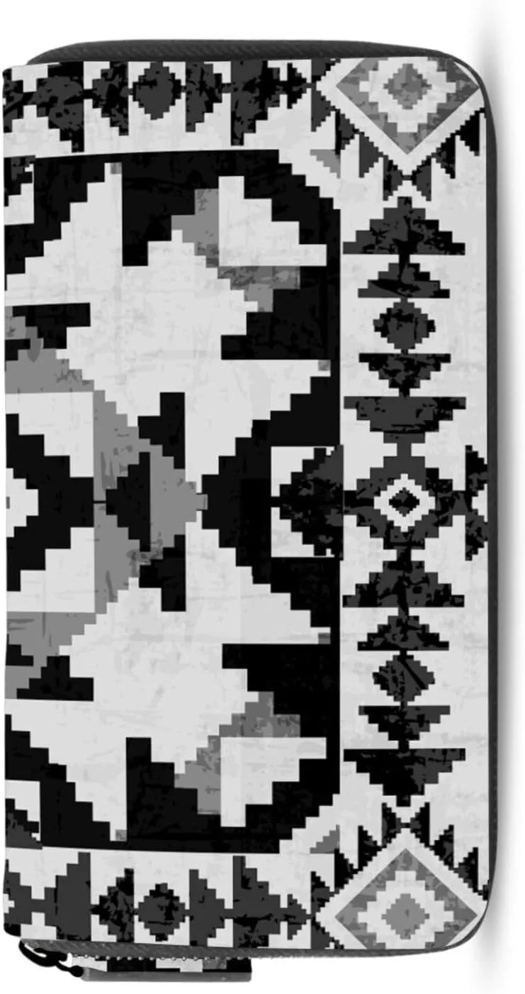 American Indian Abstract Geometric Ornament Leather Long Wallet Organizer with Zipper Purse Clutch Bag for Women Men Key Card Coin Passport Checkbook 8 x 4 inch