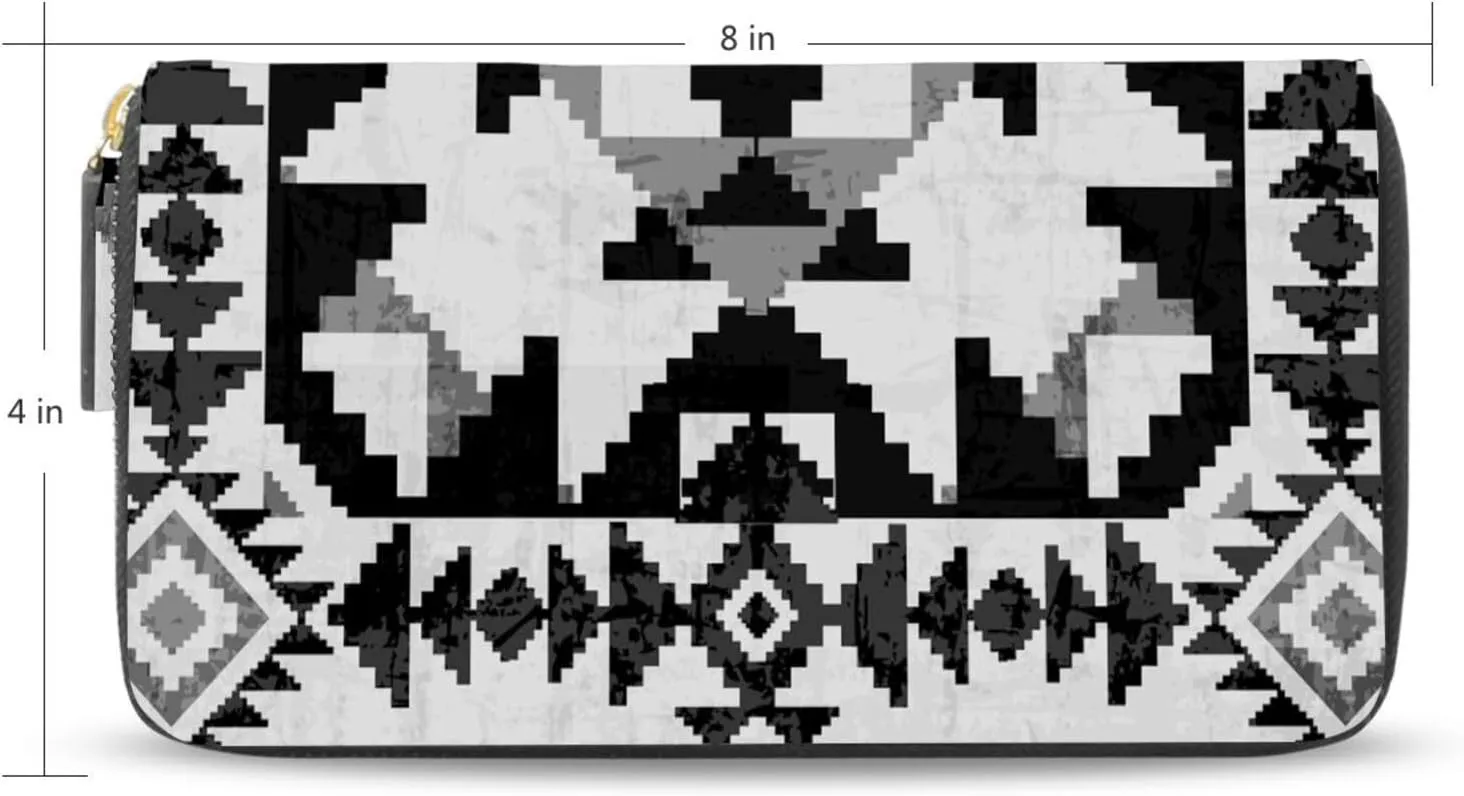 American Indian Abstract Geometric Ornament Leather Long Wallet Organizer with Zipper Purse Clutch Bag for Women Men Key Card Coin Passport Checkbook 8 x 4 inch
