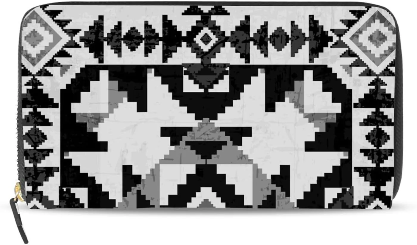 American Indian Abstract Geometric Ornament Leather Long Wallet Organizer with Zipper Purse Clutch Bag for Women Men Key Card Coin Passport Checkbook 8 x 4 inch