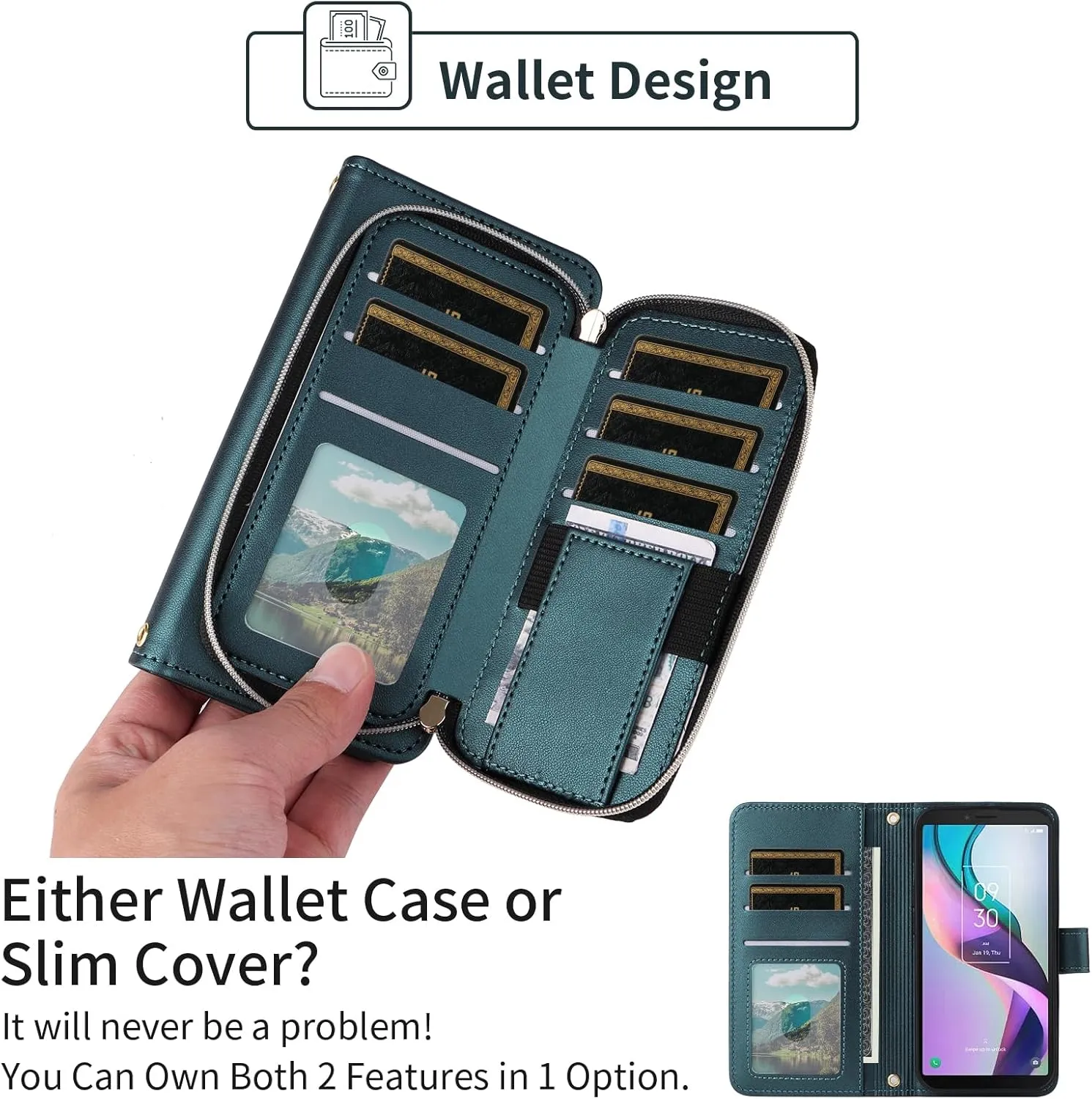 Argyle Wallet Case for Metro TCL Ion X/Ion V/40Z T607DL with Wrist Strap Shoulder Strap, 9  Card Slots Zipper Purse Luxury PU Leather Stand Cell Phone Cover for IonX T430W IonV 2023 Green