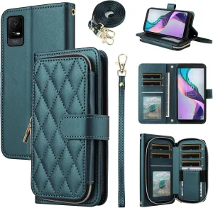 Argyle Wallet Case for Metro TCL Ion X/Ion V/40Z T607DL with Wrist Strap Shoulder Strap, 9  Card Slots Zipper Purse Luxury PU Leather Stand Cell Phone Cover for IonX T430W IonV 2023 Green