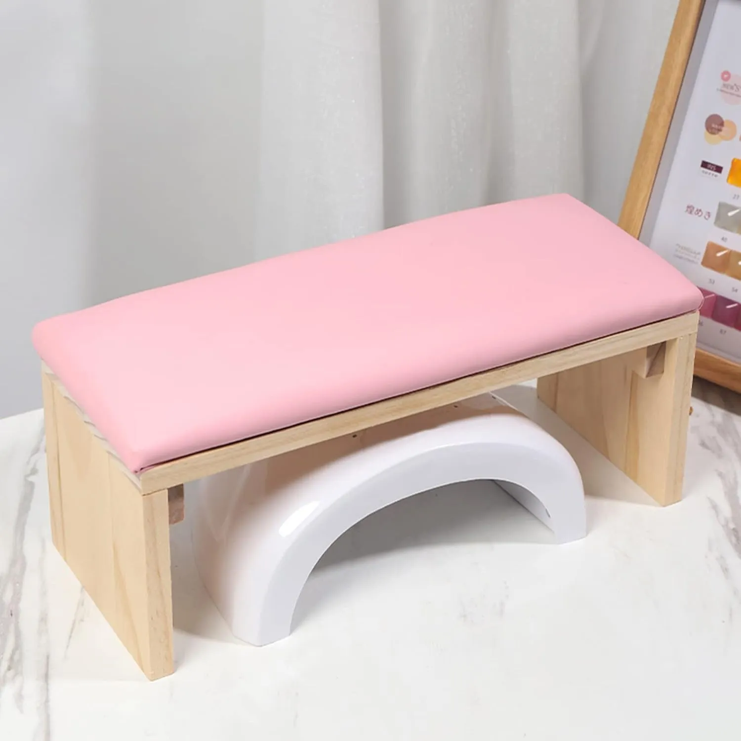 Arm Rest for Nail Techs, Professional Microfiber Leather Nail Arm Rest Cushion with Soft High-Density Sponge Solid Wood Table Non-Slip Manicure Hand Rest Stand for Nail Supplies (Pink)