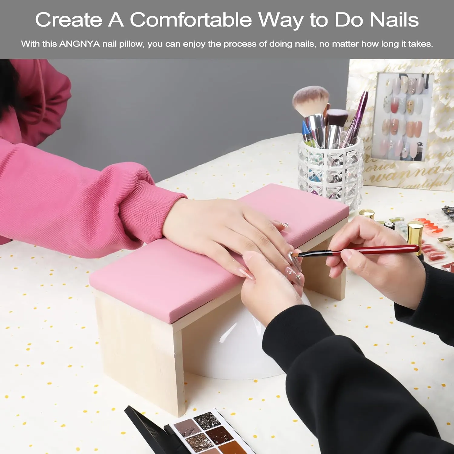Arm Rest for Nail Techs, Professional Microfiber Leather Nail Arm Rest Cushion with Soft High-Density Sponge Solid Wood Table Non-Slip Manicure Hand Rest Stand for Nail Supplies (Pink)