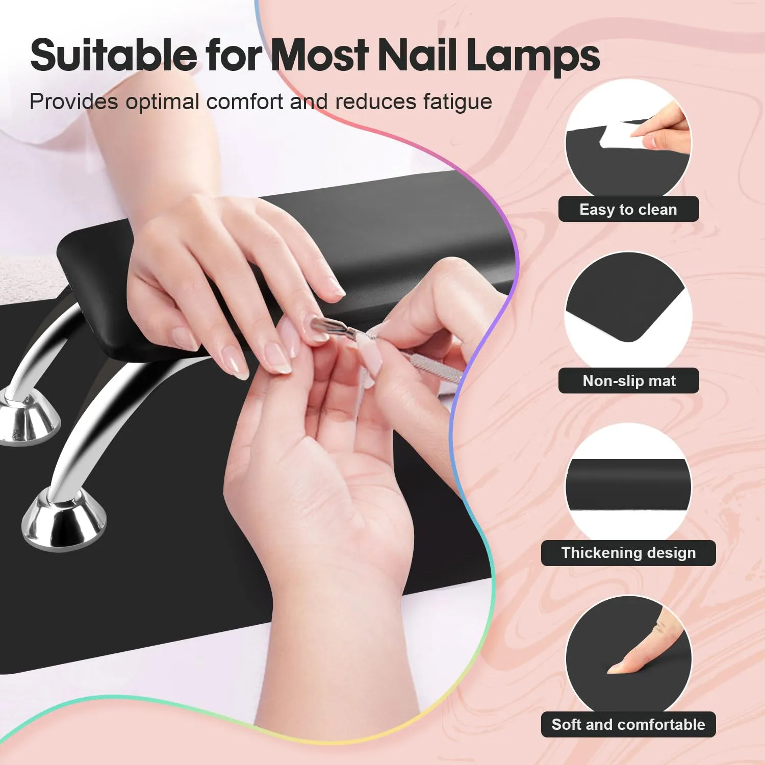 Arm Rest for Nails Tech with Table Mat for Salons and Home Manicures, Soft Microfiber Leather Nail Hand Rest for Relaxing Arms, Non-slip Height Hand Pillow Cushion Nail Salon Manicure (Black)