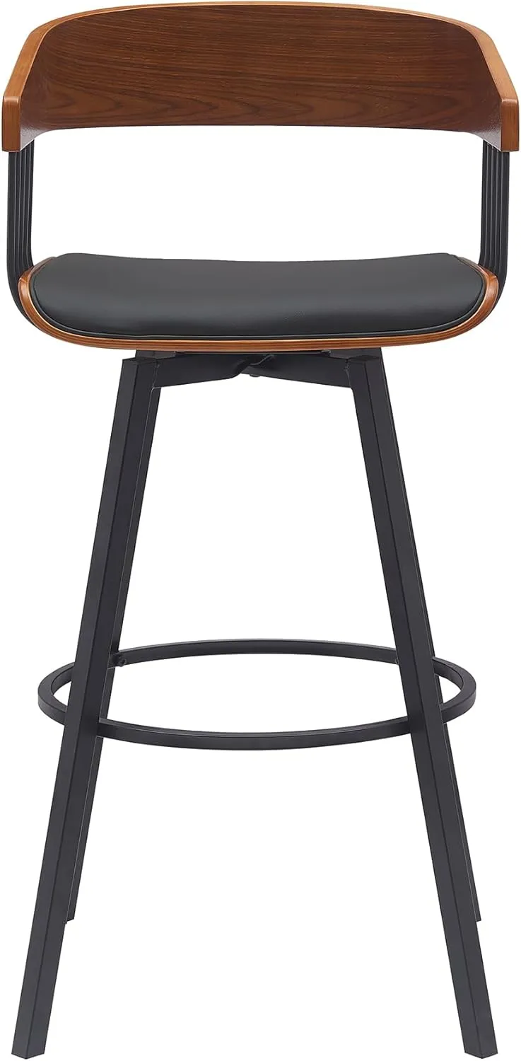 Armen Living Athena 31" Seat Height Mid Century Modern Swivel Walnut Wood Bar Stool for Kitchen Island Counter in Black Faux Leather with Black Metal