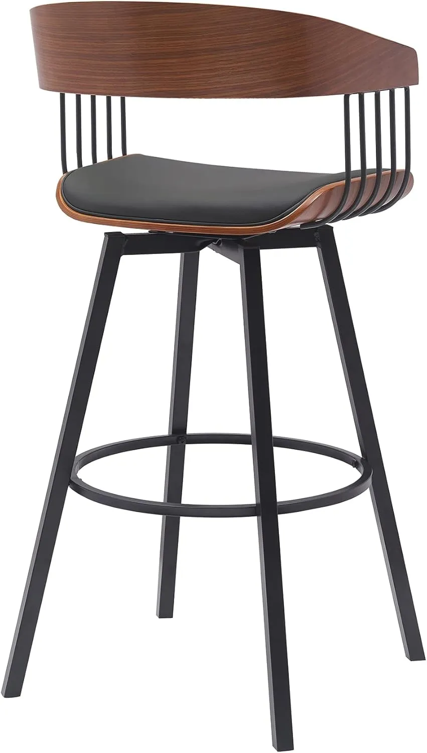 Armen Living Athena 31" Seat Height Mid Century Modern Swivel Walnut Wood Bar Stool for Kitchen Island Counter in Black Faux Leather with Black Metal
