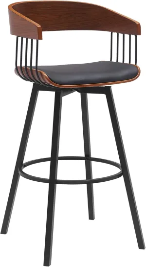 Armen Living Athena 31" Seat Height Mid Century Modern Swivel Walnut Wood Bar Stool for Kitchen Island Counter in Black Faux Leather with Black Metal