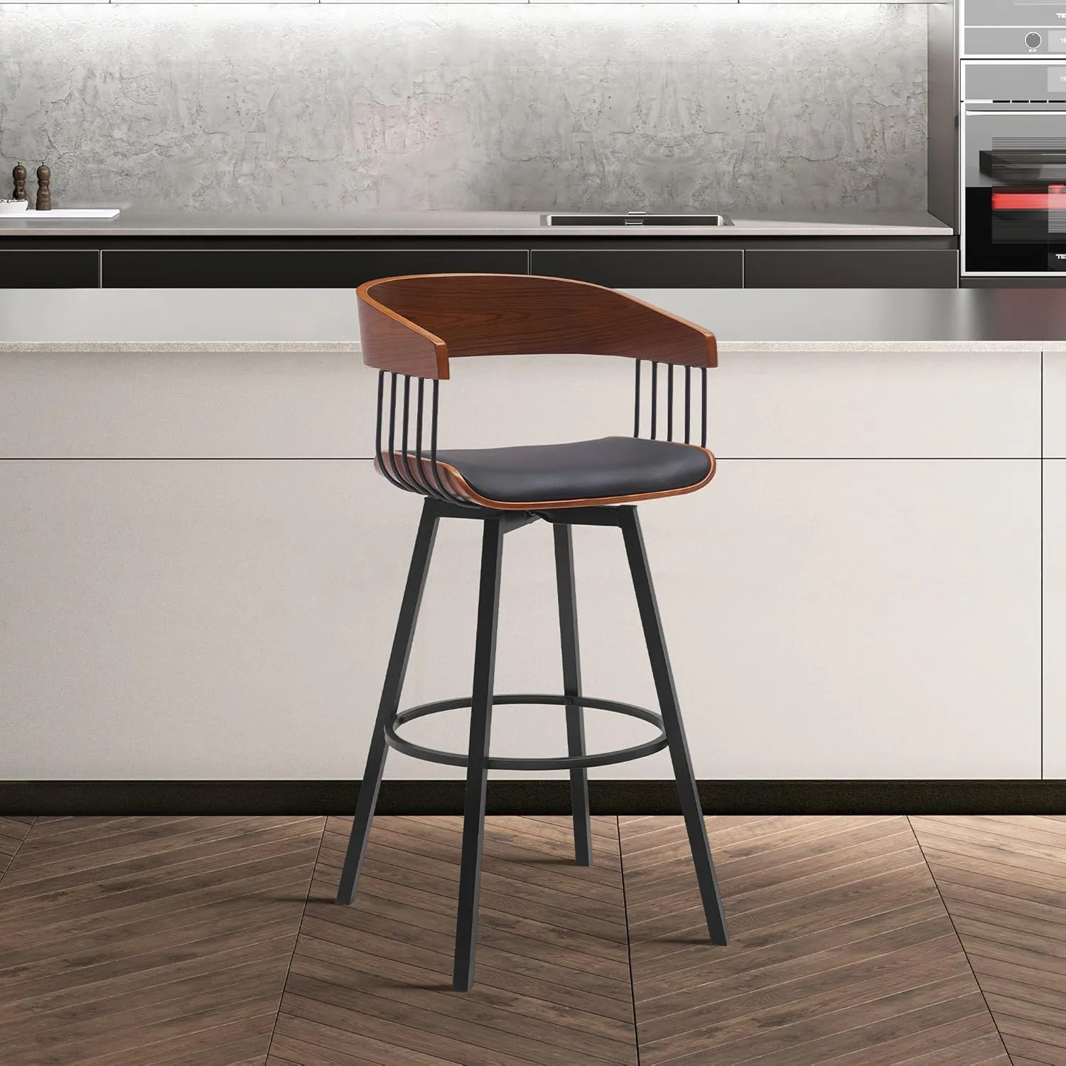 Armen Living Athena 31" Seat Height Mid Century Modern Swivel Walnut Wood Bar Stool for Kitchen Island Counter in Black Faux Leather with Black Metal