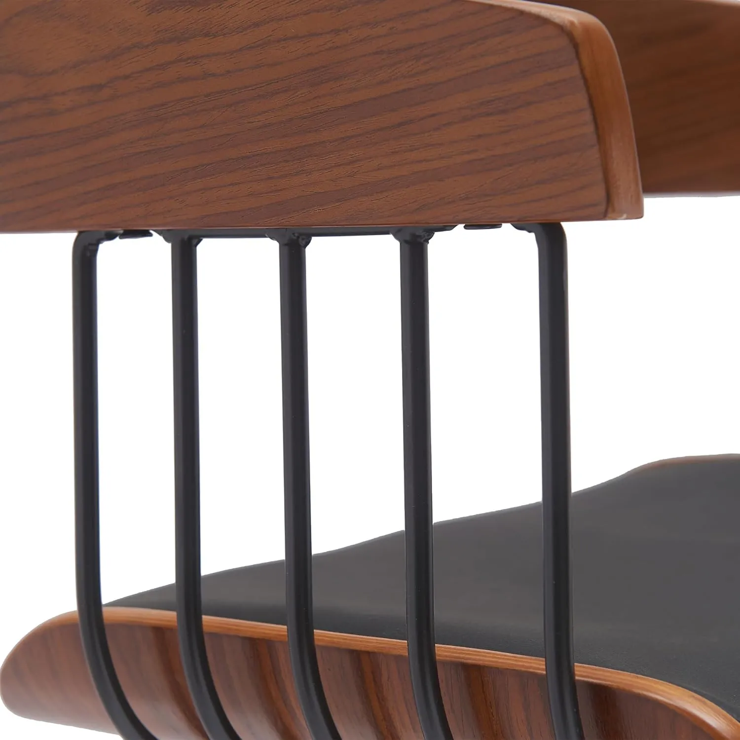 Armen Living Athena 31" Seat Height Mid Century Modern Swivel Walnut Wood Bar Stool for Kitchen Island Counter in Black Faux Leather with Black Metal