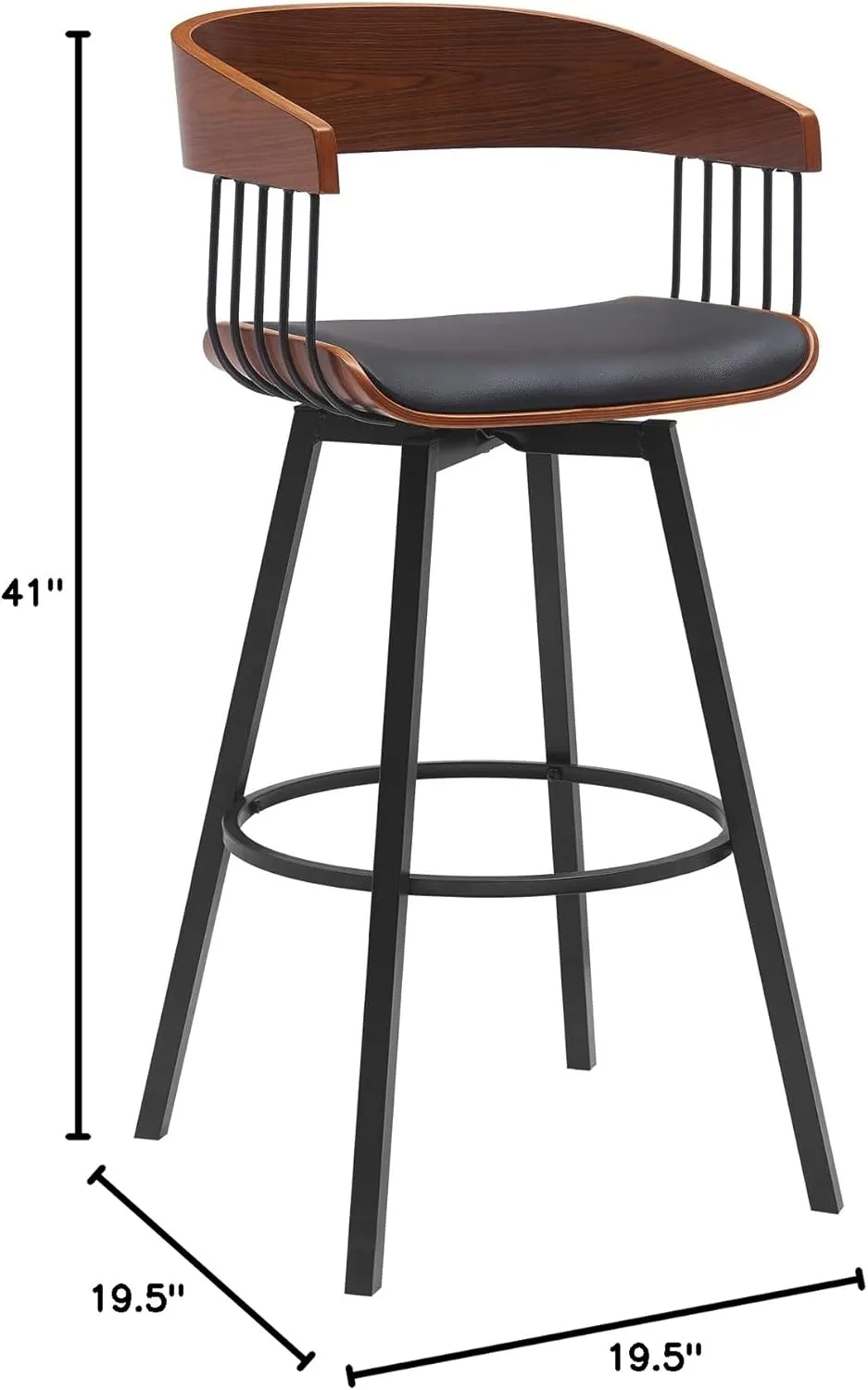Armen Living Athena 31" Seat Height Mid Century Modern Swivel Walnut Wood Bar Stool for Kitchen Island Counter in Black Faux Leather with Black Metal
