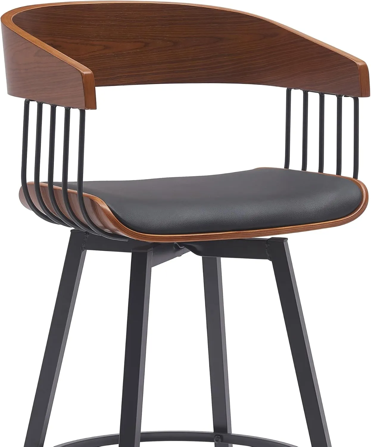 Armen Living Athena 31" Seat Height Mid Century Modern Swivel Walnut Wood Bar Stool for Kitchen Island Counter in Black Faux Leather with Black Metal