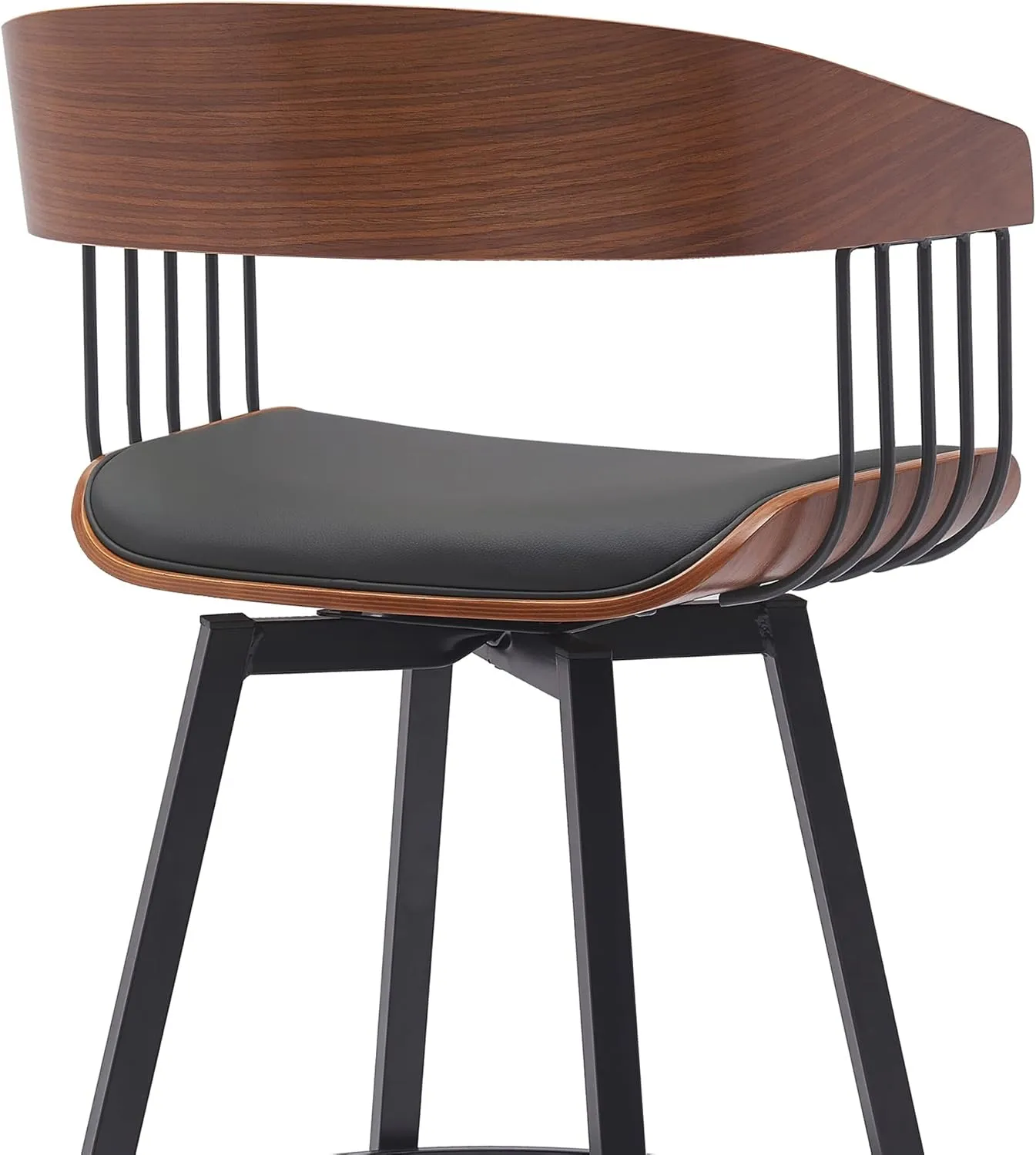 Armen Living Athena 31" Seat Height Mid Century Modern Swivel Walnut Wood Bar Stool for Kitchen Island Counter in Black Faux Leather with Black Metal