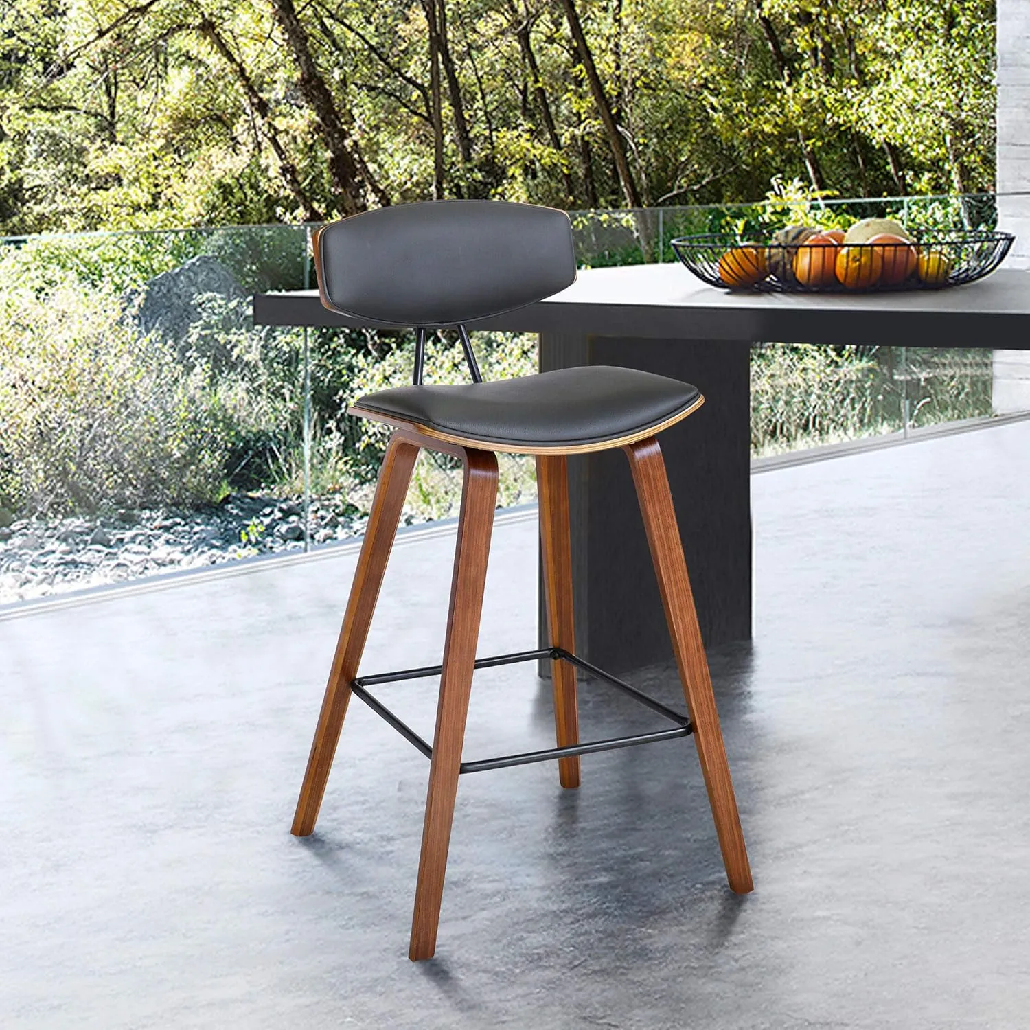 Armen Living Fox 25.5" Counter Height Grey Faux Leather and Walnut Wood Mid-Century Modern Bar Stool