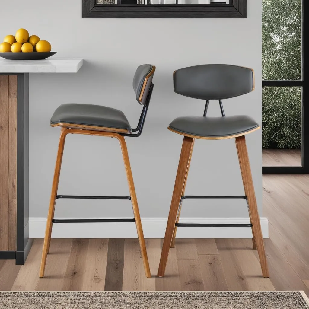 Armen Living Fox 25.5" Counter Height Grey Faux Leather and Walnut Wood Mid-Century Modern Bar Stool
