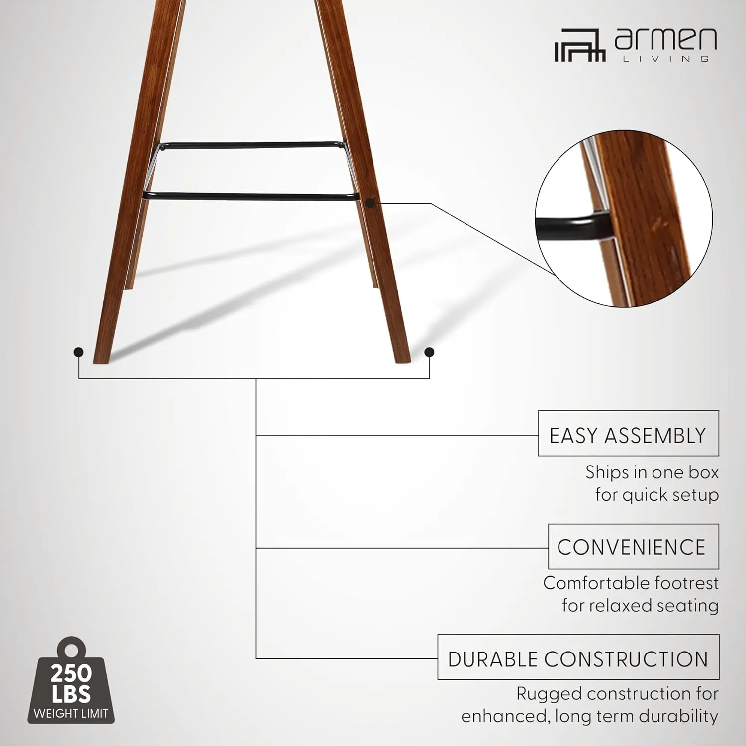 Armen Living Fox 25.5" Counter Height Grey Faux Leather and Walnut Wood Mid-Century Modern Bar Stool