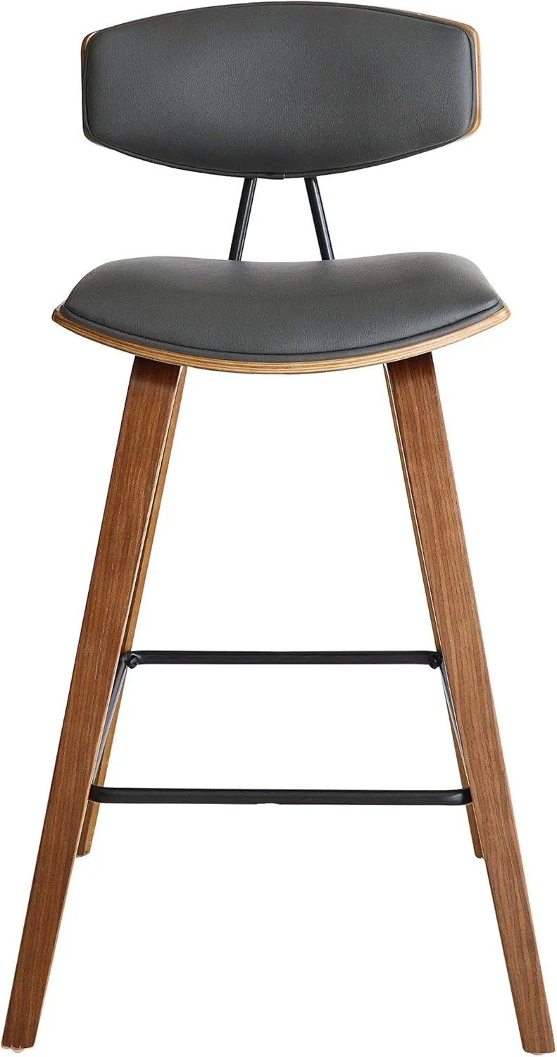 Armen Living Fox 25.5" Counter Height Grey Faux Leather and Walnut Wood Mid-Century Modern Bar Stool