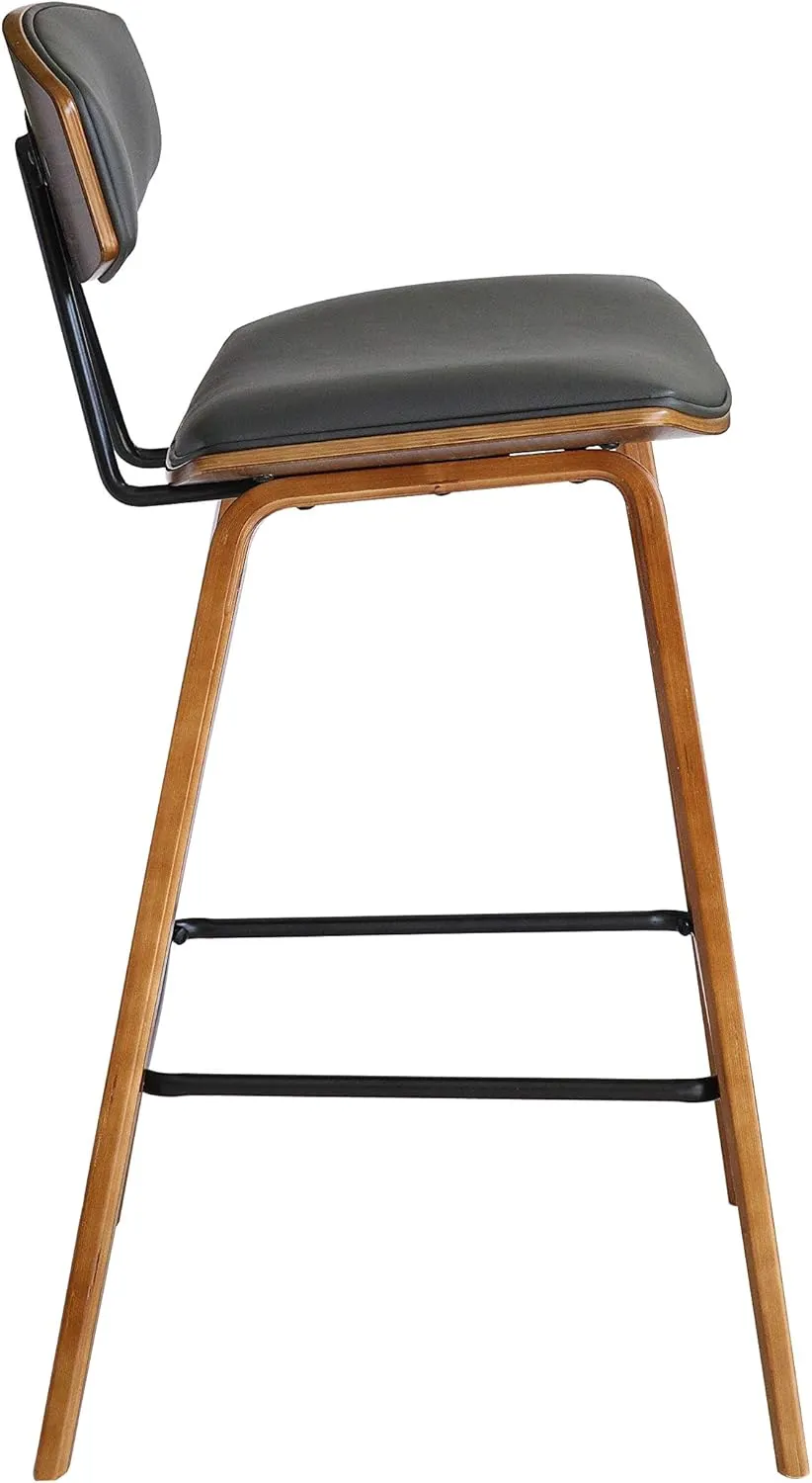 Armen Living Fox 25.5" Counter Height Grey Faux Leather and Walnut Wood Mid-Century Modern Bar Stool