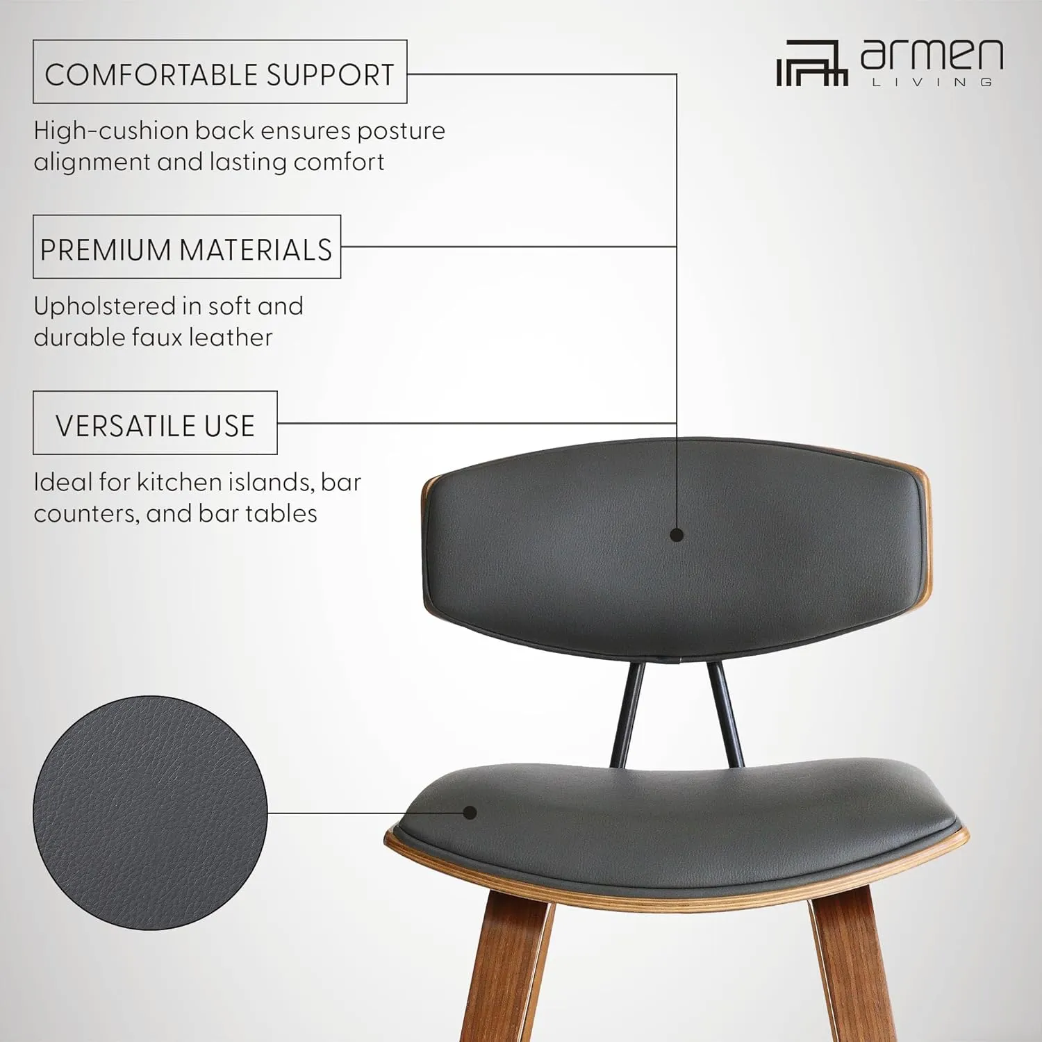 Armen Living Fox 25.5" Counter Height Grey Faux Leather and Walnut Wood Mid-Century Modern Bar Stool