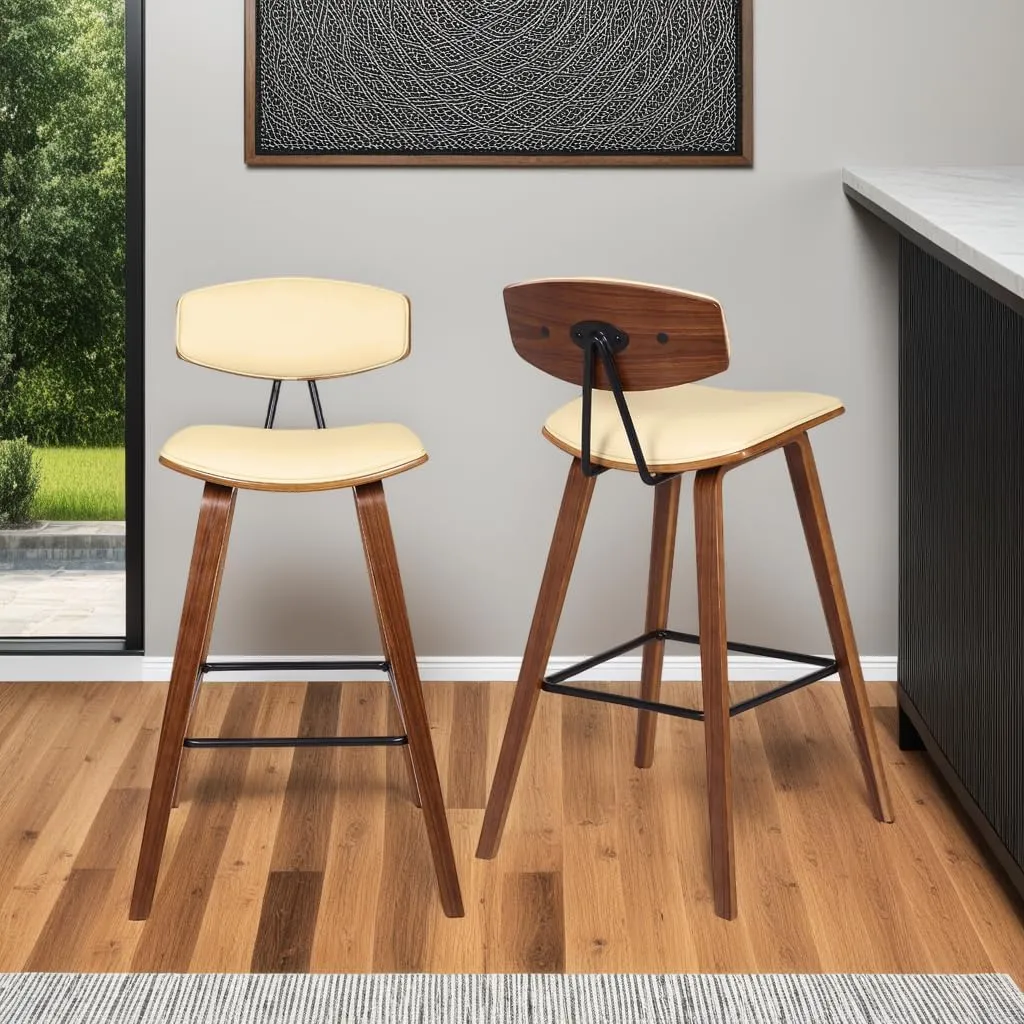 Armen Living Fox 25.5" Seat Height Cream Faux Leather and Walnut Wood Mid-Century Modern Bar Stool