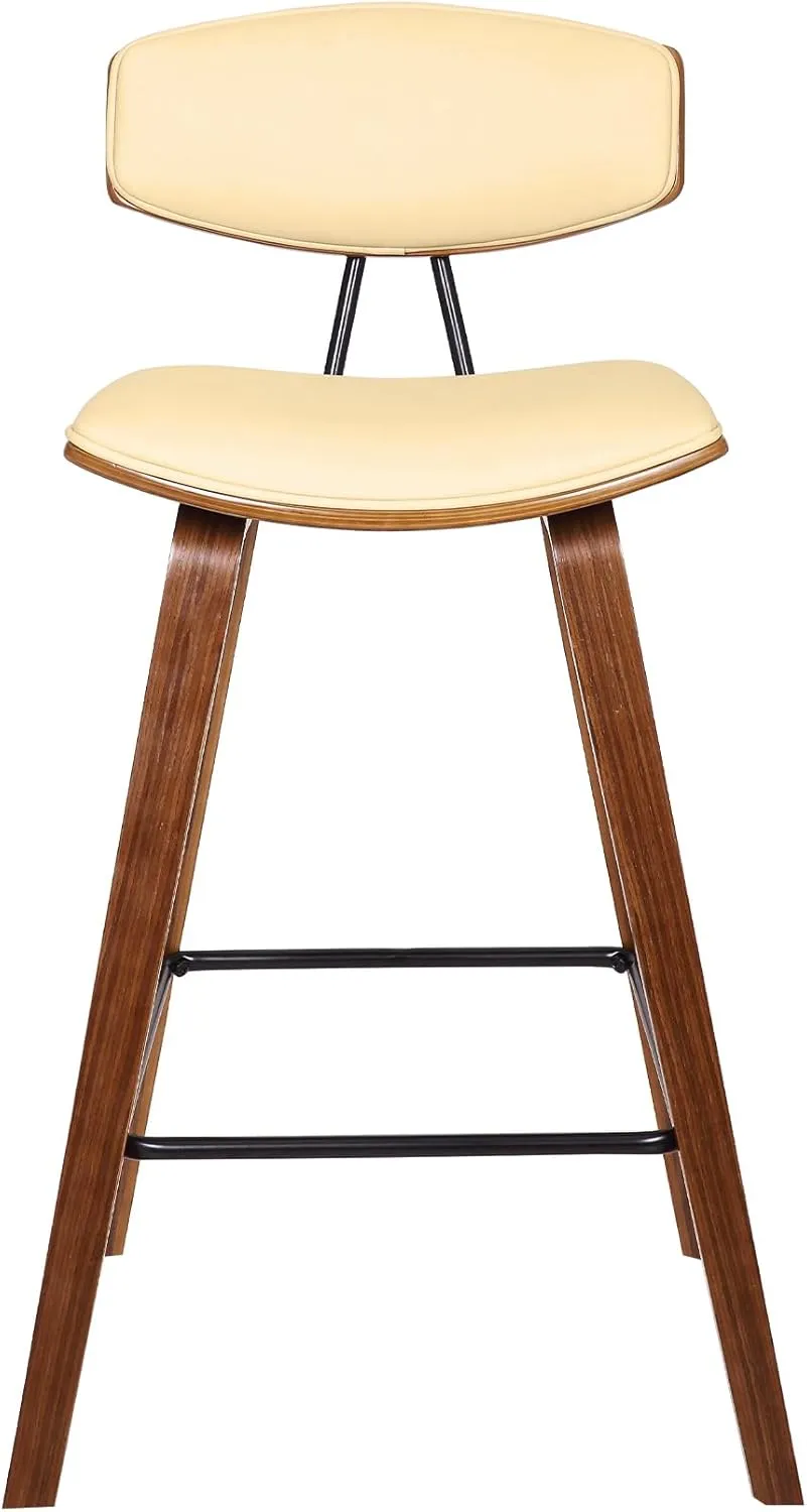 Armen Living Fox 25.5" Seat Height Cream Faux Leather and Walnut Wood Mid-Century Modern Bar Stool