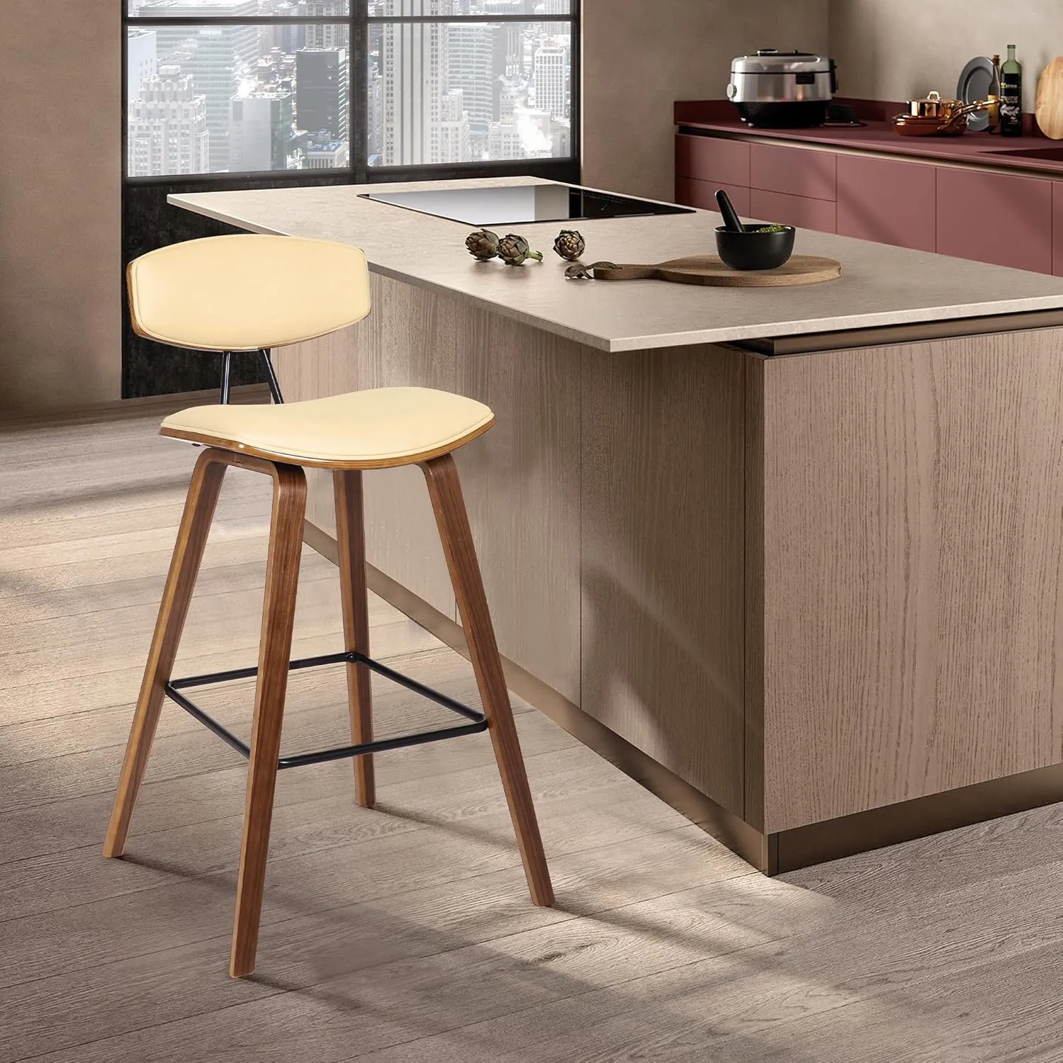 Armen Living Fox 25.5" Seat Height Cream Faux Leather and Walnut Wood Mid-Century Modern Bar Stool