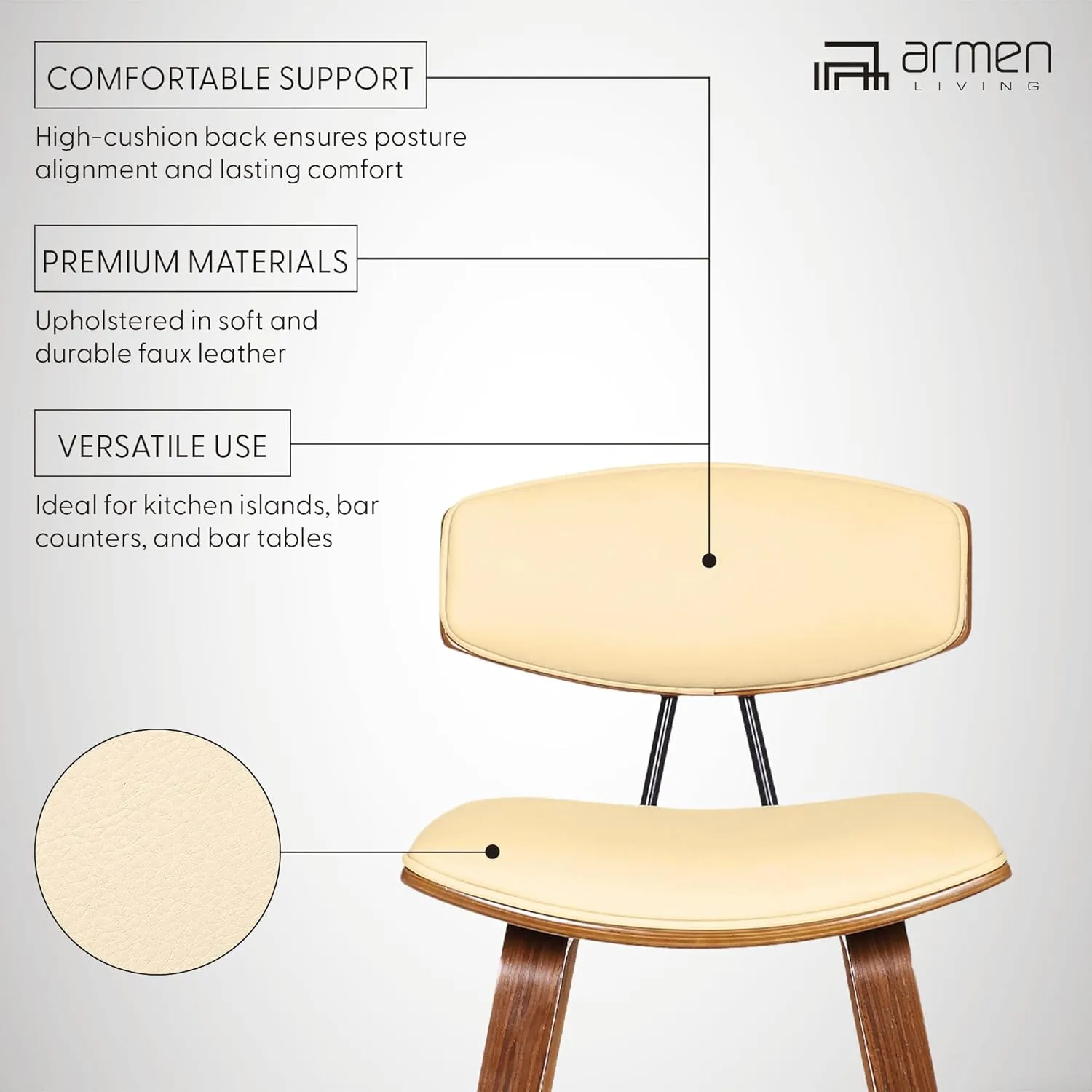Armen Living Fox 25.5" Seat Height Cream Faux Leather and Walnut Wood Mid-Century Modern Bar Stool