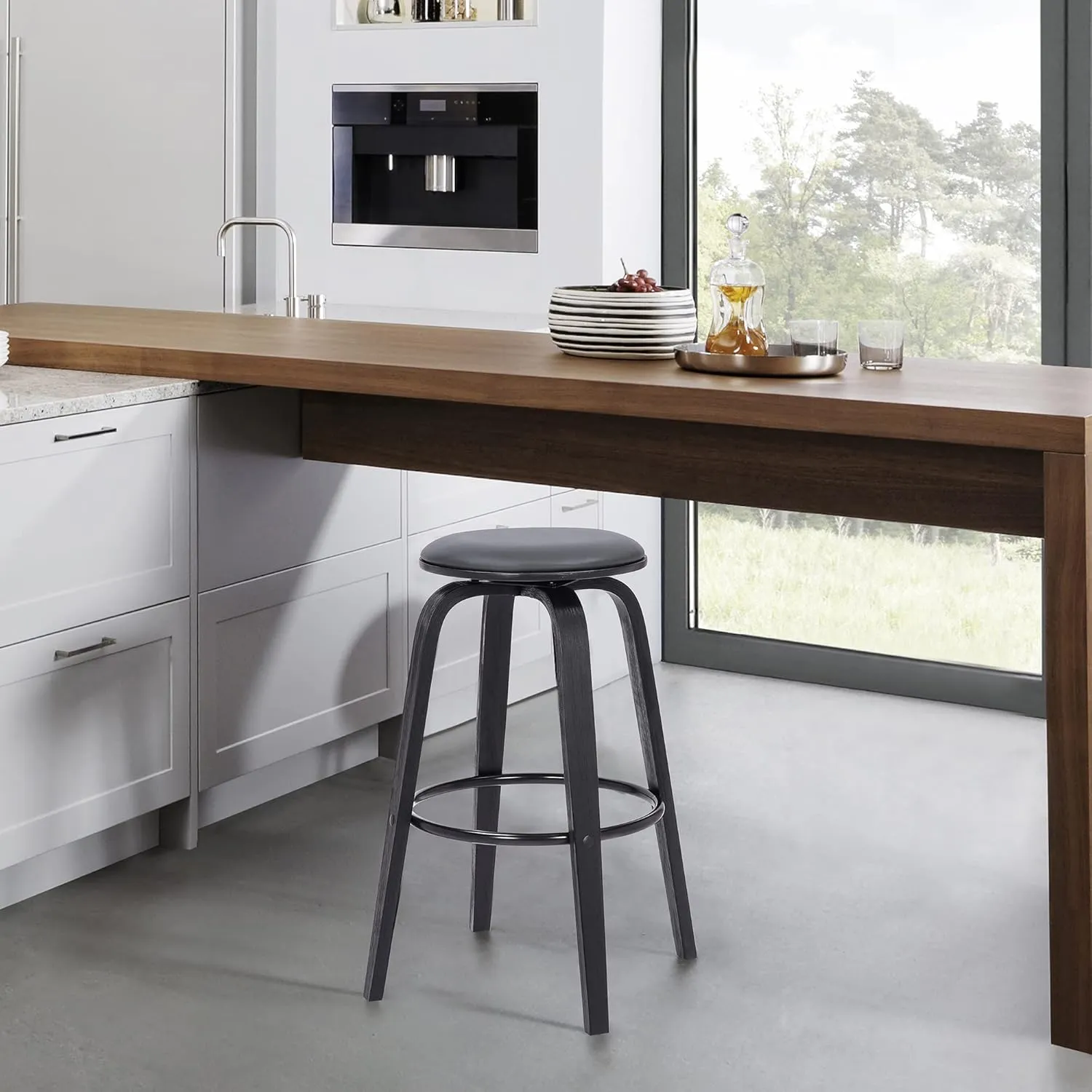 Armen Living Harbor Mid Century Modern 26" Seat Height Backless Swivel Gray Faux Leather and Black Wood Bar Stool for Kitchen Island Counter