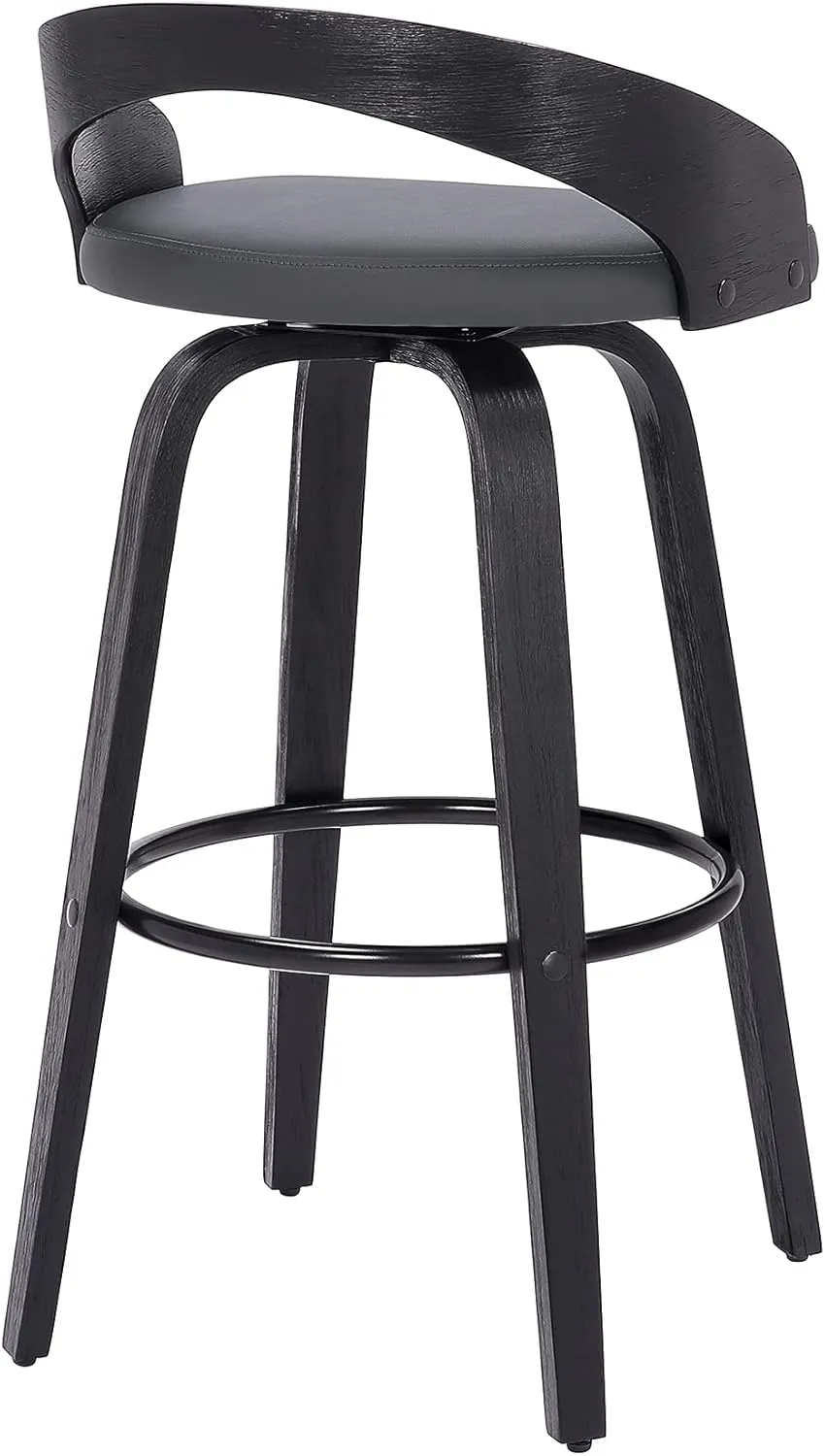 Armen Living Sonia Mid Century Modern Swivel Bar Stool for Kitchen Island Counter in Gray Faux Leather and Black Wood, 26" Seat Height