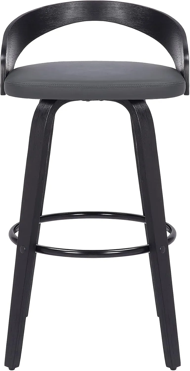 Armen Living Sonia Mid Century Modern Swivel Bar Stool for Kitchen Island Counter in Gray Faux Leather and Black Wood, 26" Seat Height