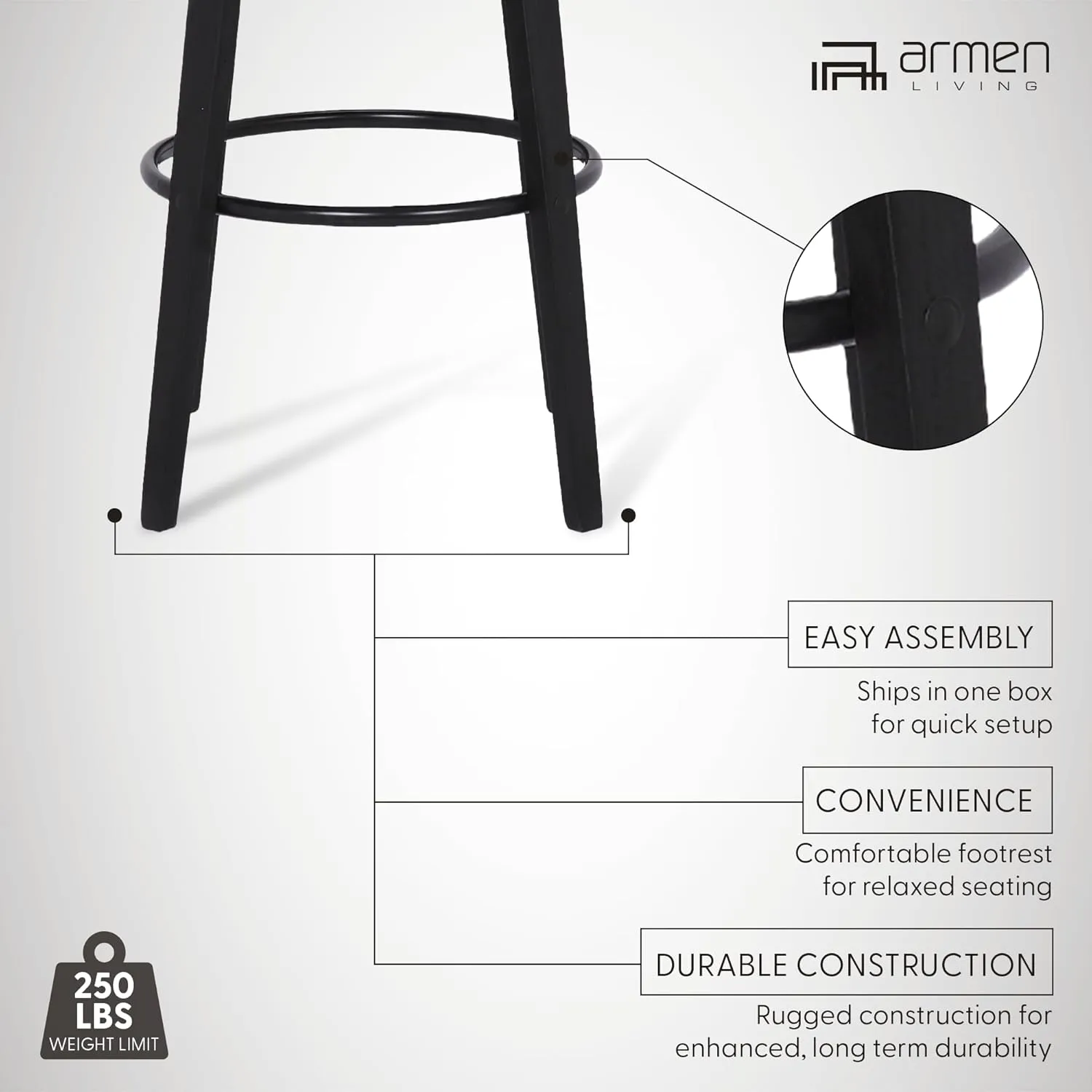 Armen Living Sonia Mid Century Modern Swivel Bar Stool for Kitchen Island Counter in Gray Faux Leather and Black Wood, 26" Seat Height