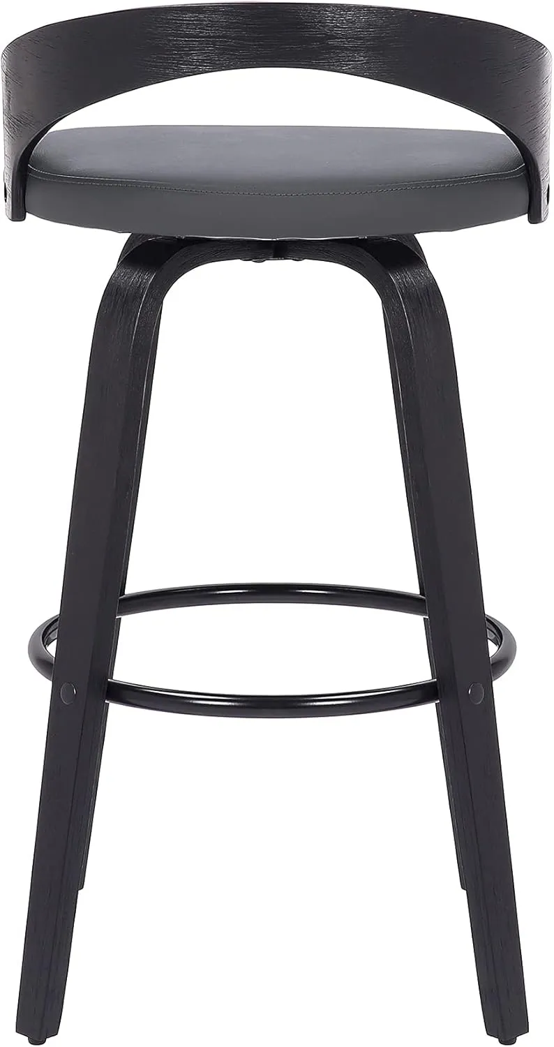 Armen Living Sonia Mid Century Modern Swivel Bar Stool for Kitchen Island Counter in Gray Faux Leather and Black Wood, 26" Seat Height