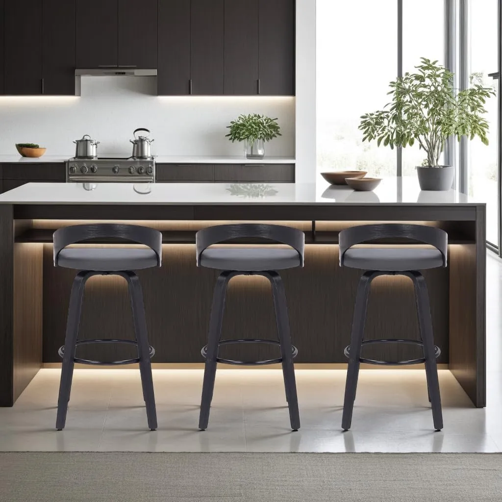 Armen Living Sonia Mid Century Modern Swivel Bar Stool for Kitchen Island Counter in Gray Faux Leather and Black Wood, 26" Seat Height