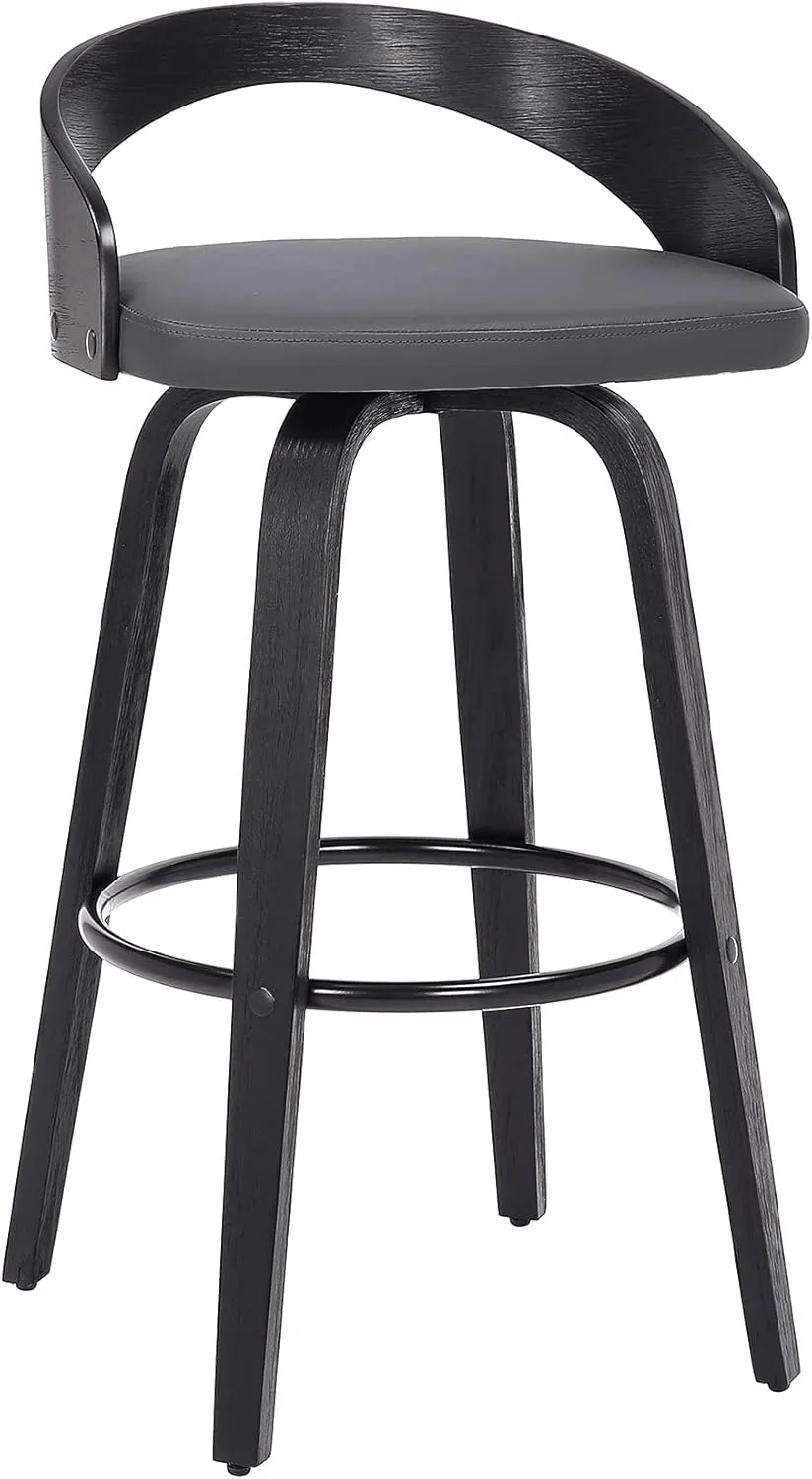 Armen Living Sonia Mid Century Modern Swivel Bar Stool for Kitchen Island Counter in Gray Faux Leather and Black Wood, 26" Seat Height