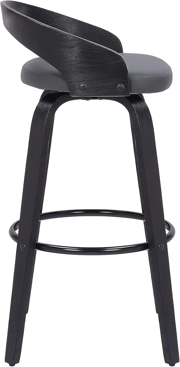 Armen Living Sonia Mid Century Modern Swivel Bar Stool for Kitchen Island Counter in Gray Faux Leather and Black Wood, 26" Seat Height