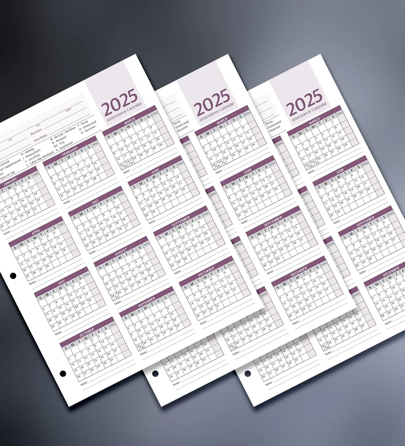 Attendance Calendar Employee Card Attendance Record Tracker 2025, Heavy 100lb Cardstock Paper 8.5 x 11 inches (Purple, Pack of 25 Sheets)