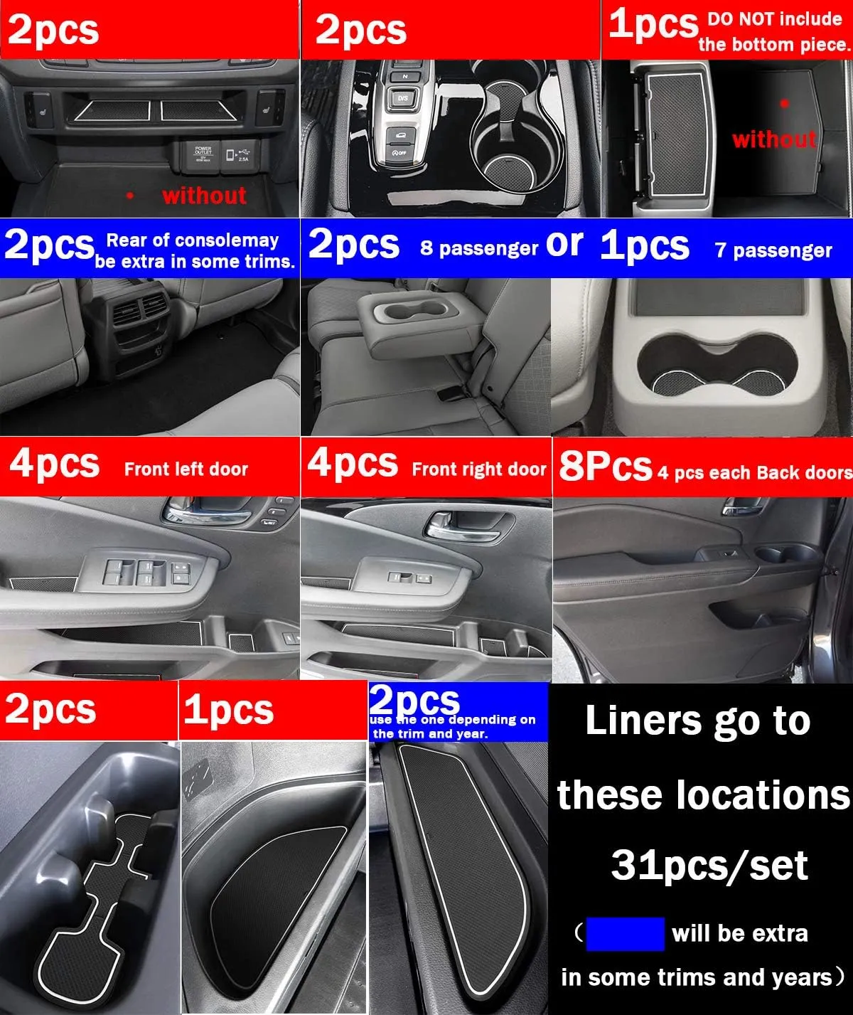 auovo Door Mats for Honda Pilot 2021 2022 2016-2020 Interior Accessories Custom Fit Door Compartment Cup Holder Center Console Anti Dust Mats Inserts (31pcs/Set) (White Trim)